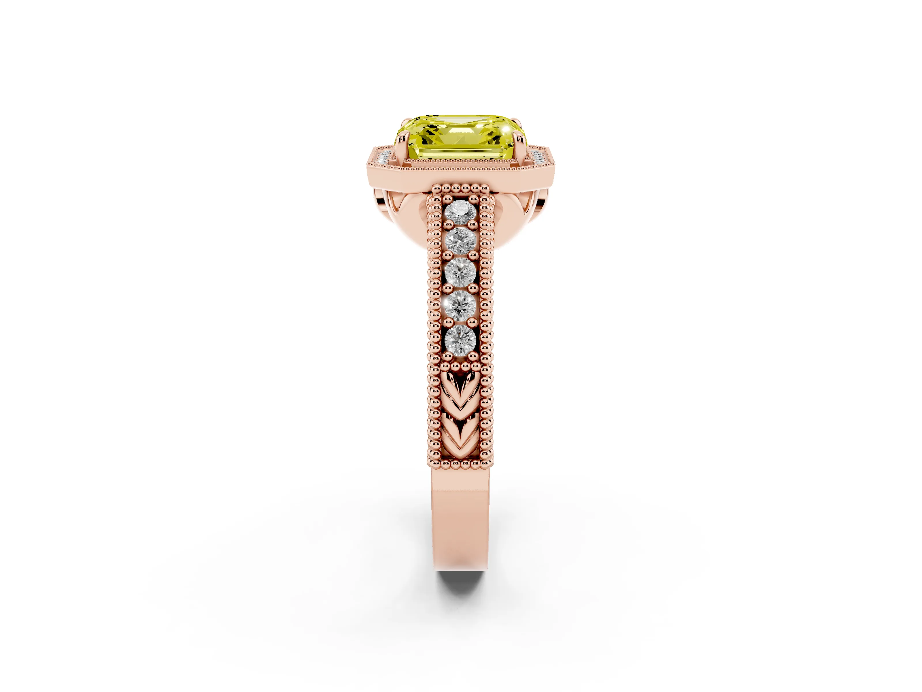 Fancy Yellow Asscher Cut Diamond Halo Ring Set in Rose gold with Round Accent Halo, Pavé Band and Prong Setting
