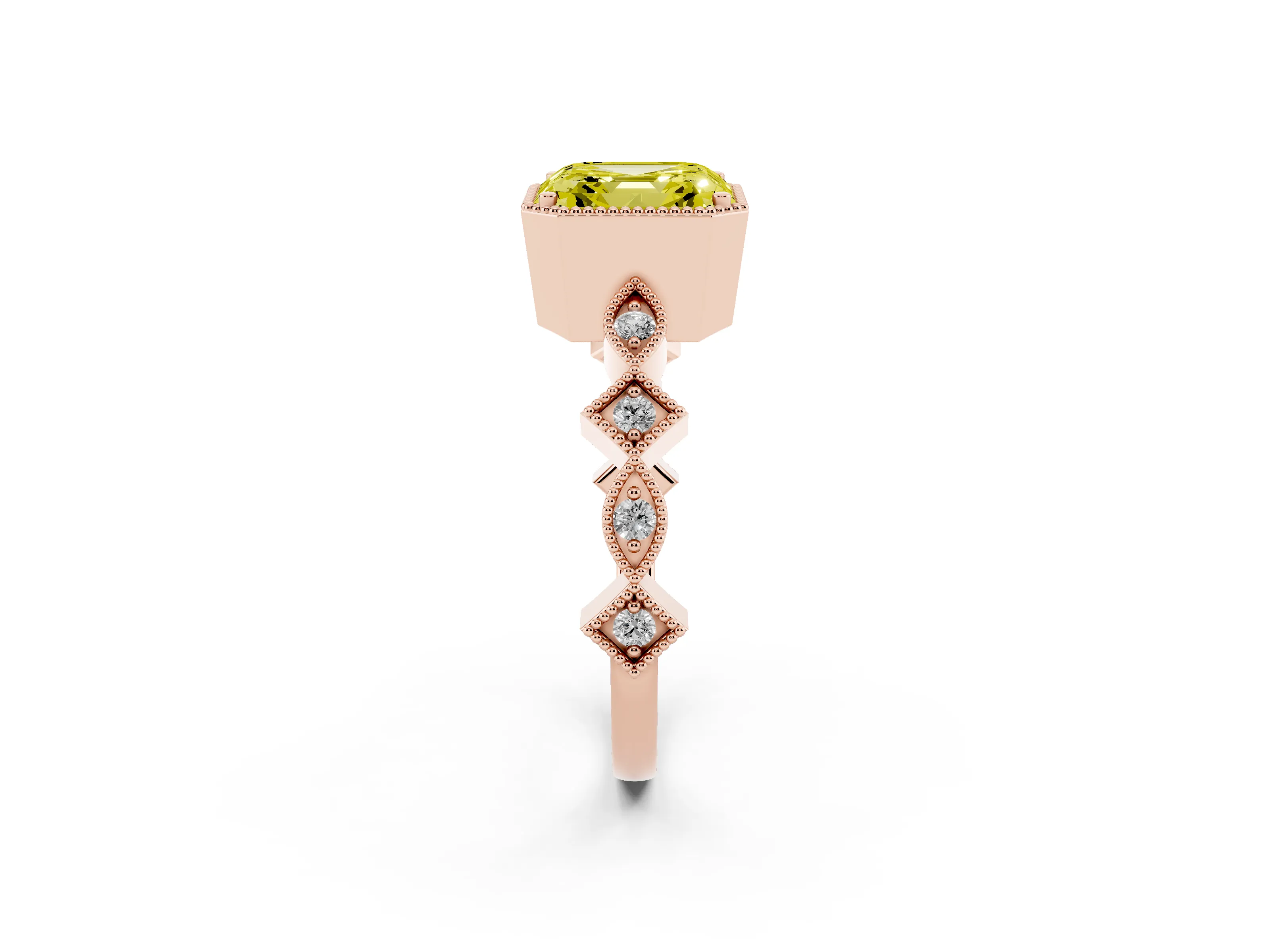 Fancy Yellow Asscher Cut Diamond Milgrain Marquise Twist Band Ring Set in Rose gold with Prong Setting