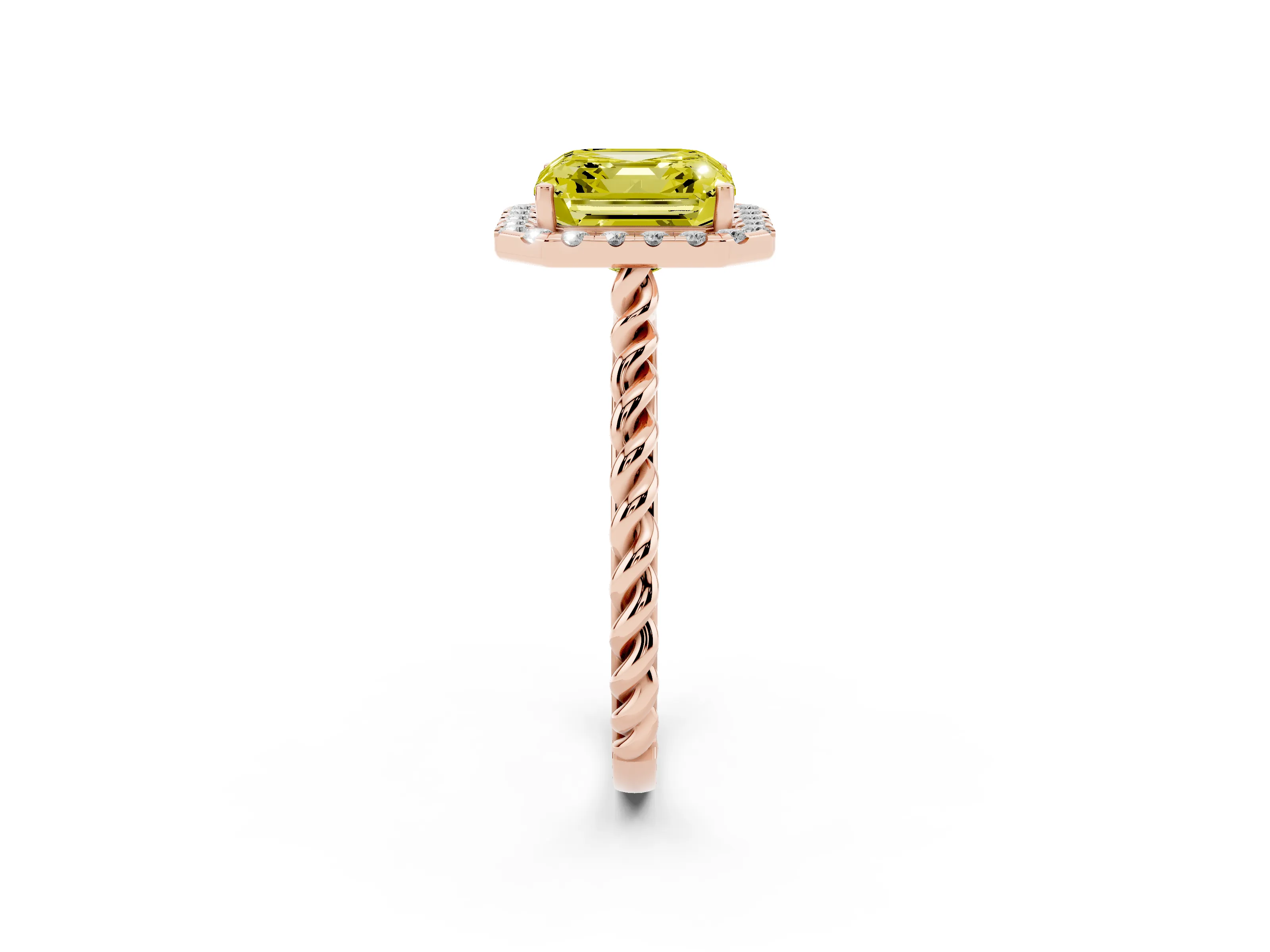 Fancy Yellow Asscher Cut Diamond Halo Ring Set in Rose gold with Plain Twisted Band