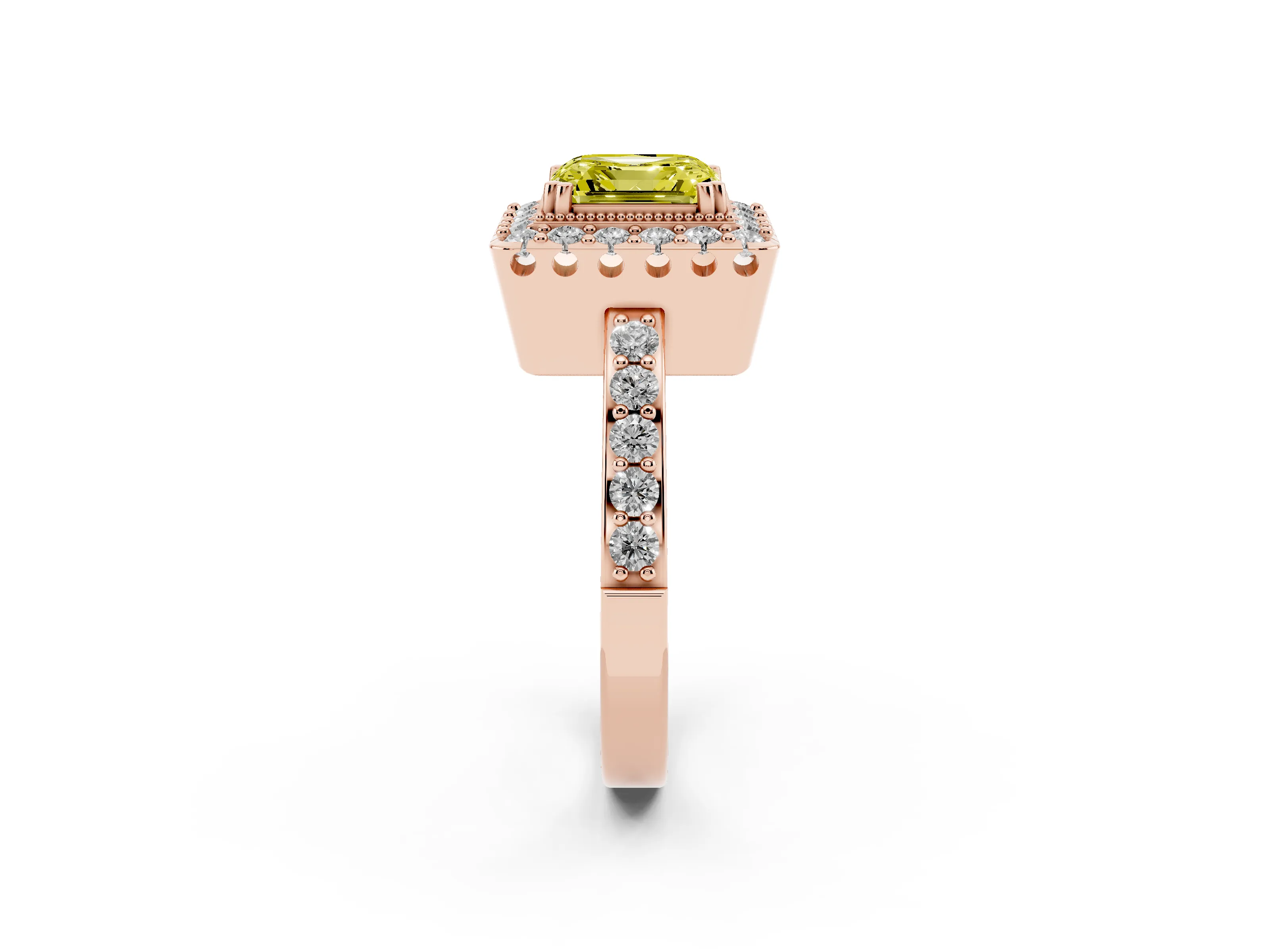 Fancy Yellow Asscher Cut Diamond Halo Ring Set in Rose gold with Pavé Shank and Prong Setting