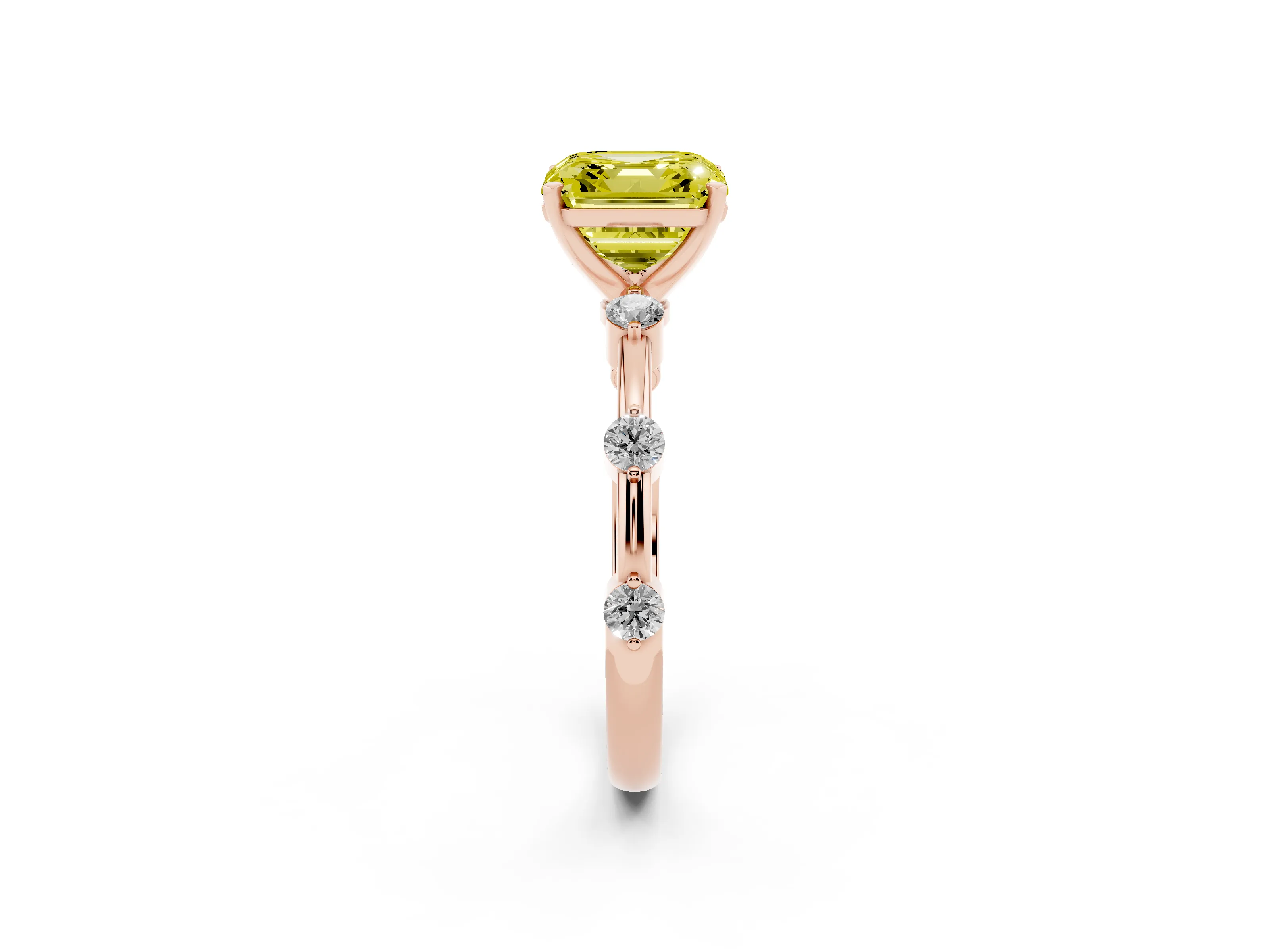 Fancy Yellow Asscher Cut Diamond Solitaire Ring Set in Rose gold with Bezel Set Side Stones and Prong Setting