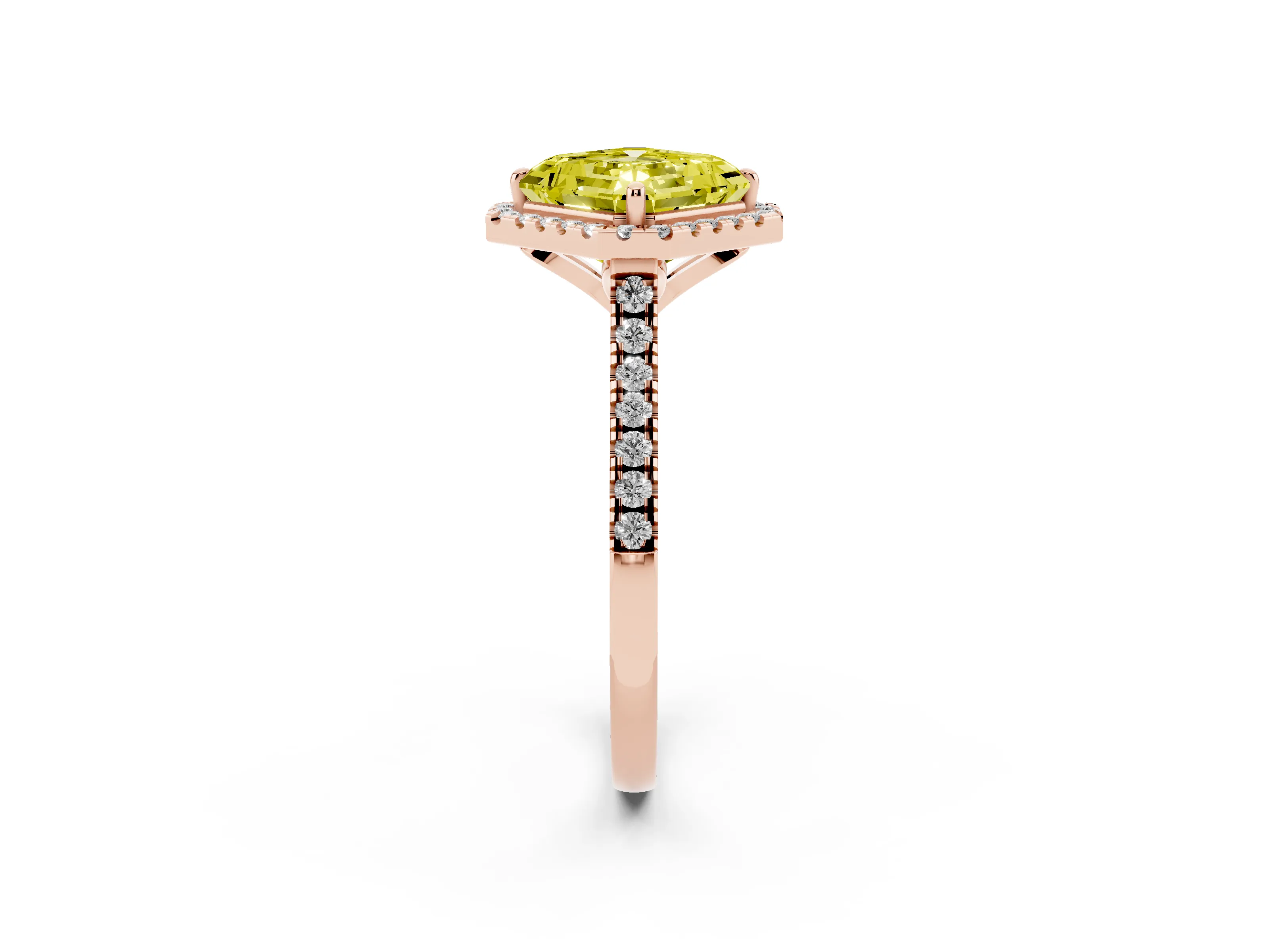 Fancy Yellow Asscher Cut Diamond Cushion Halo Ring Set in Rose gold with Pavé Band