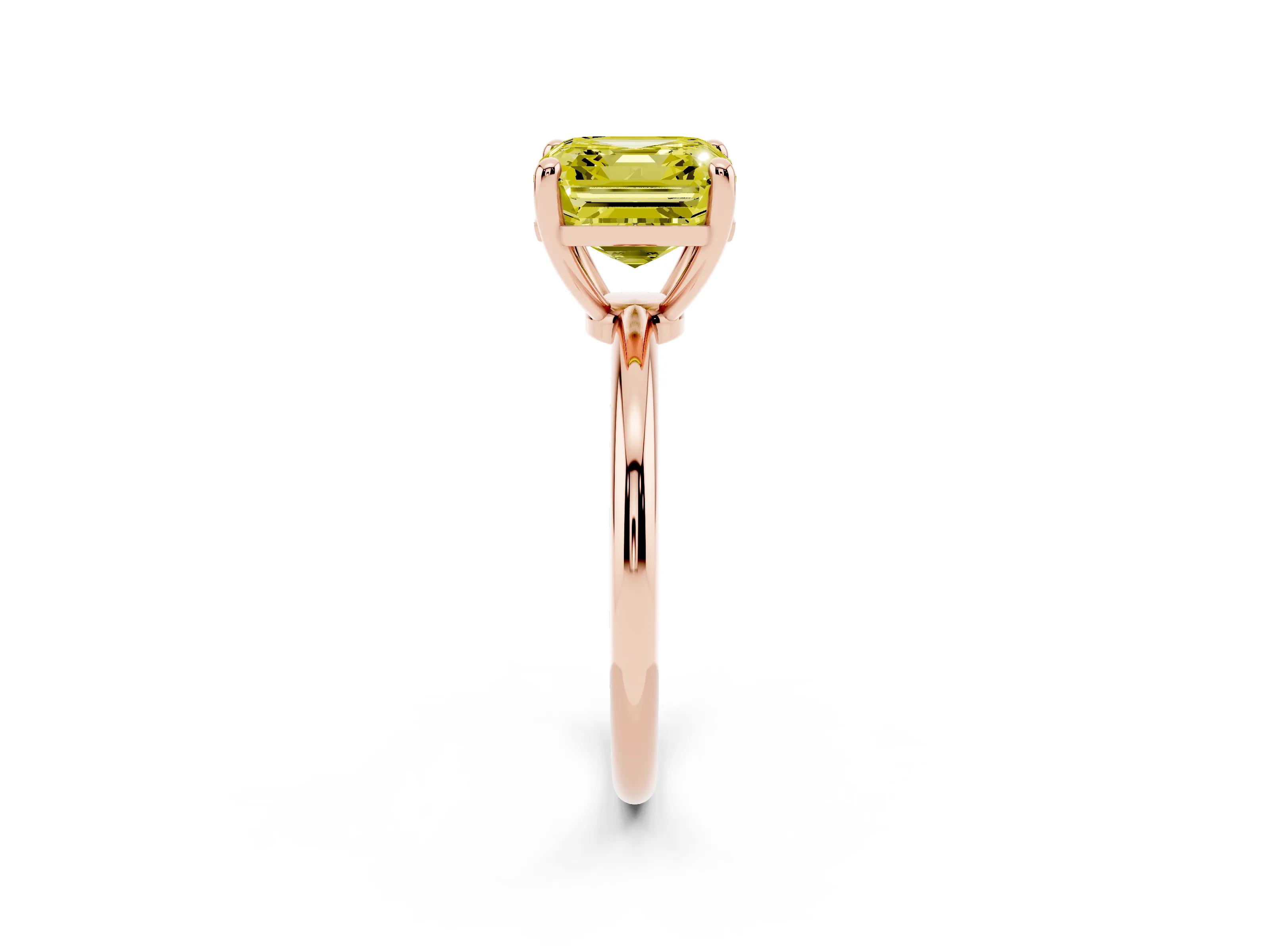 Fancy Yellow Asscher Cut Diamond Solitaire Ring Set in Rose gold with Secure Prong Setting on a Classic Band