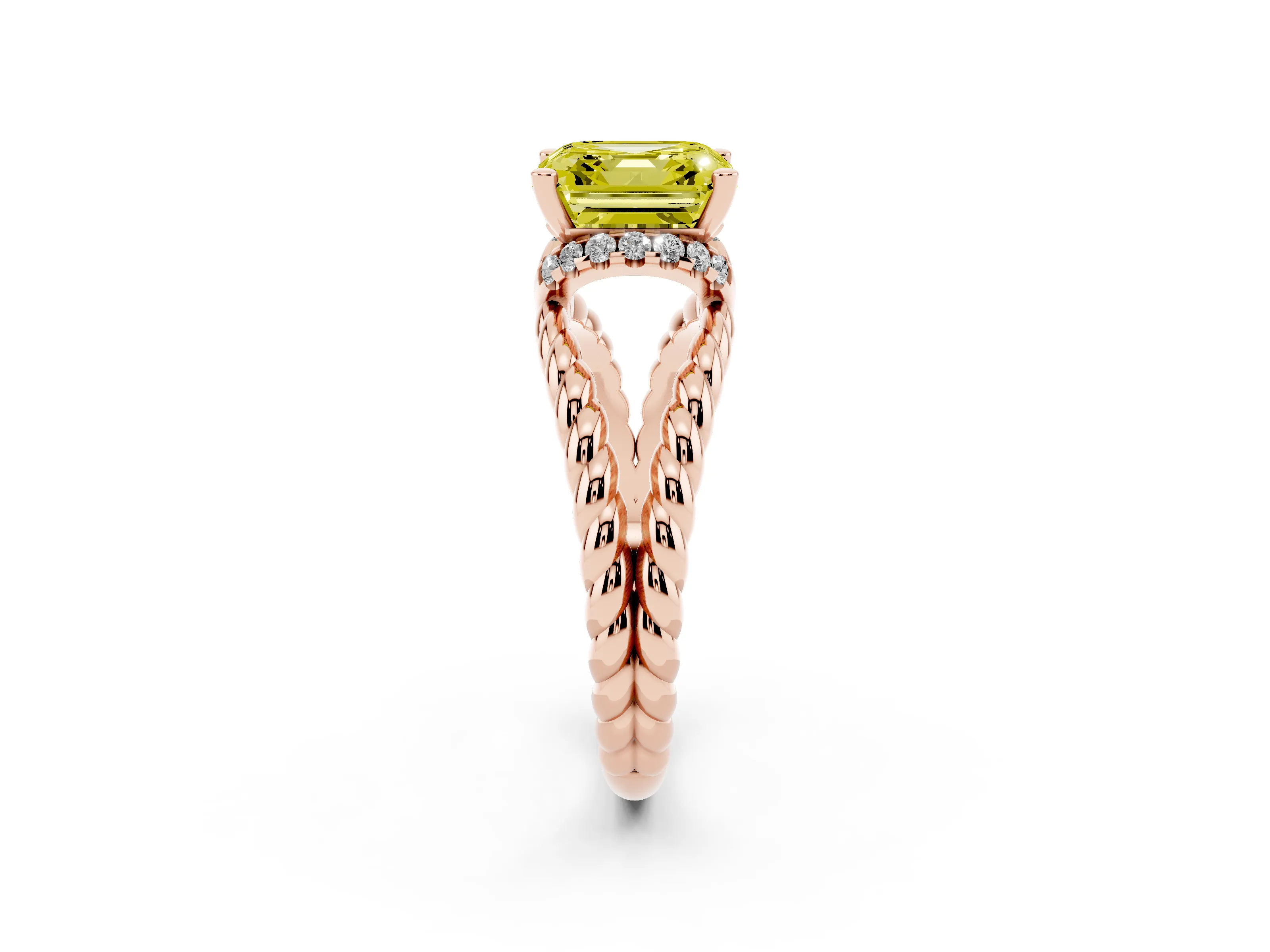 Fancy Yellow Asscher Cut Diamond Halo Ring Set in Rose gold with Twisted Band and Prong Setting