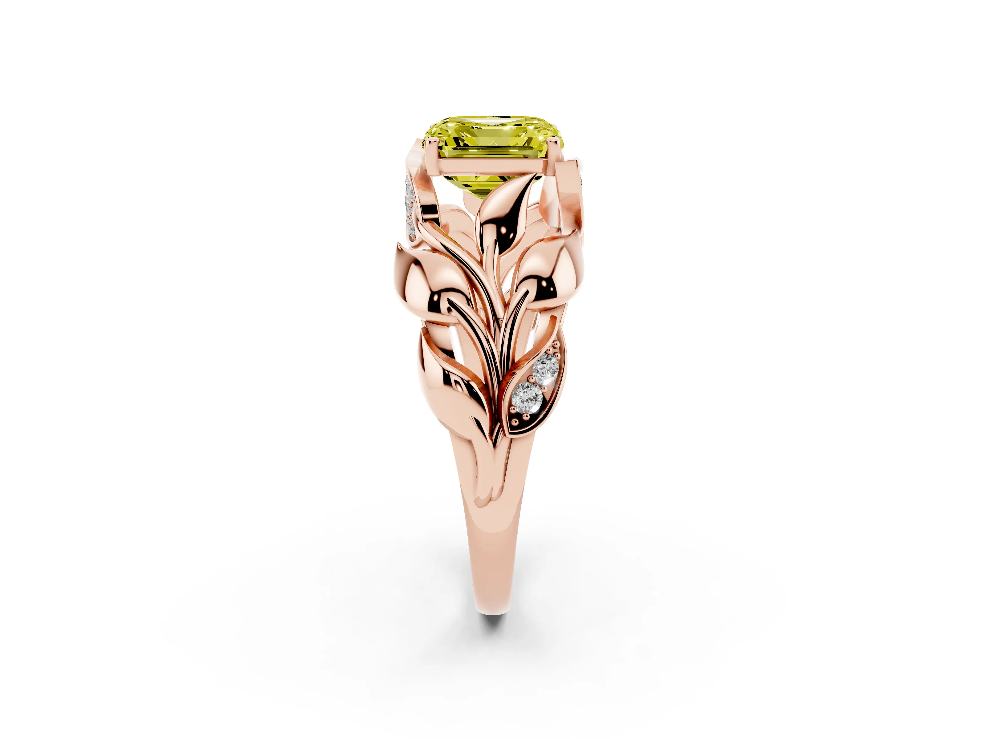 Fancy Yellow Asscher Cut Diamond Leaf-Inspired Engagement Ring Set in Rose gold with Round Accents