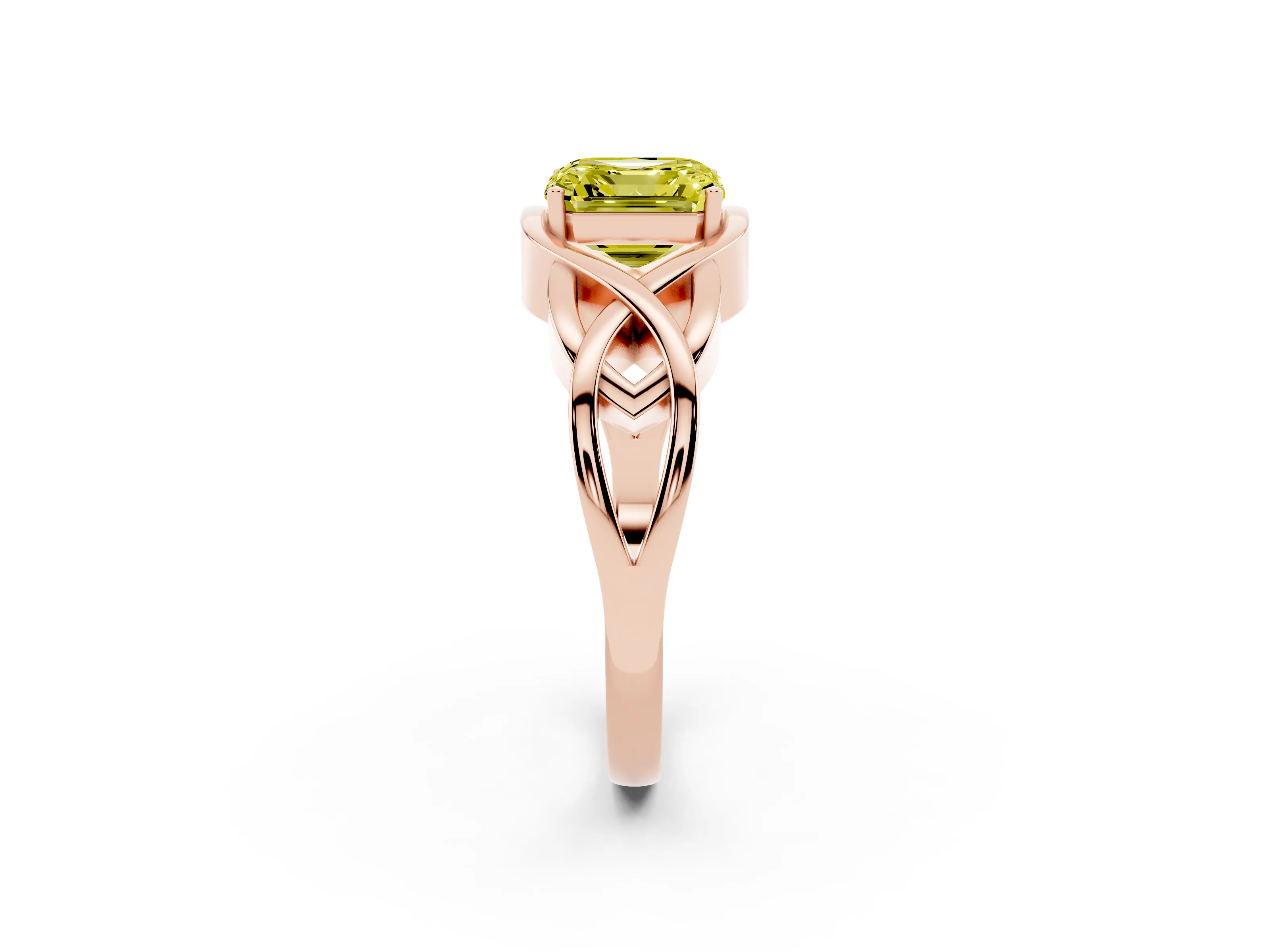 Fancy Yellow Asscher Cut Diamond Solitaire Ring Set in Rose gold with Intertwined Band