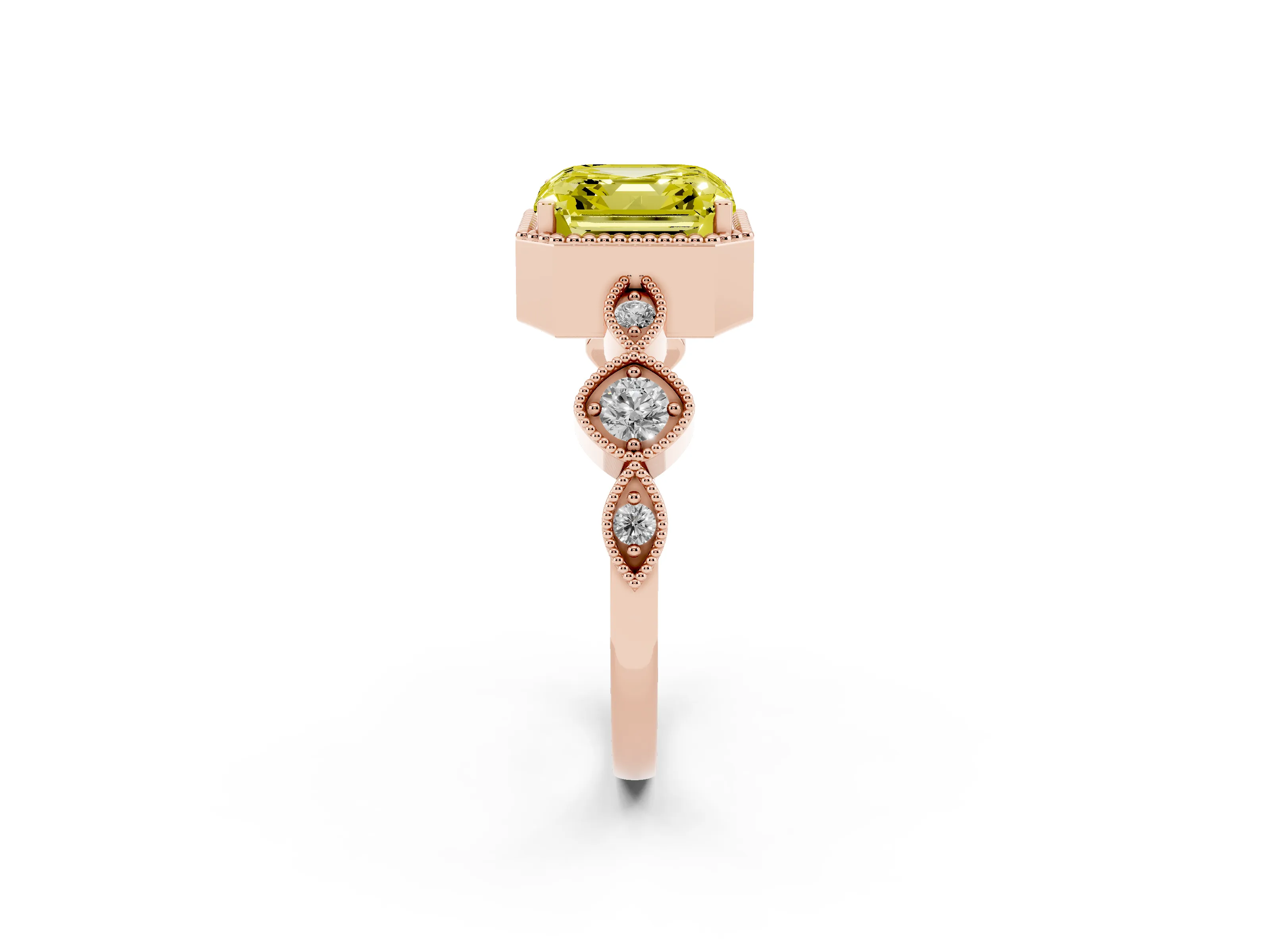 Fancy Yellow Asscher Cut Diamond Vintage-Inspired Milgrain Ring Set in Rose gold with Marquise Stations of Round Accents