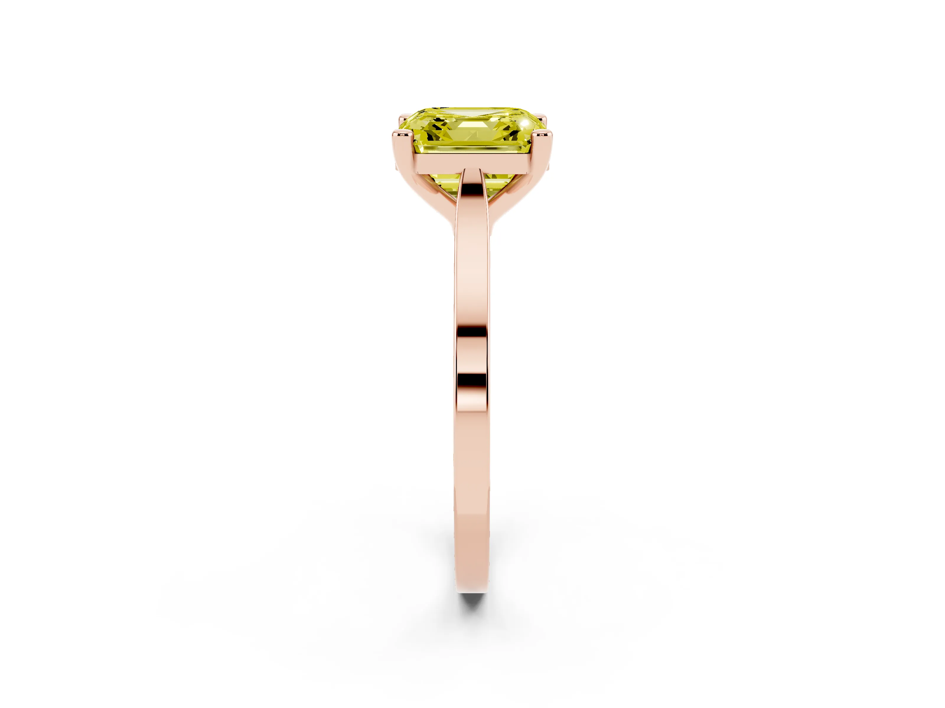 Fancy Yellow Asscher Cut Diamond Solitaire Ring Set in Rose gold with Prong Setting and Tapered Band