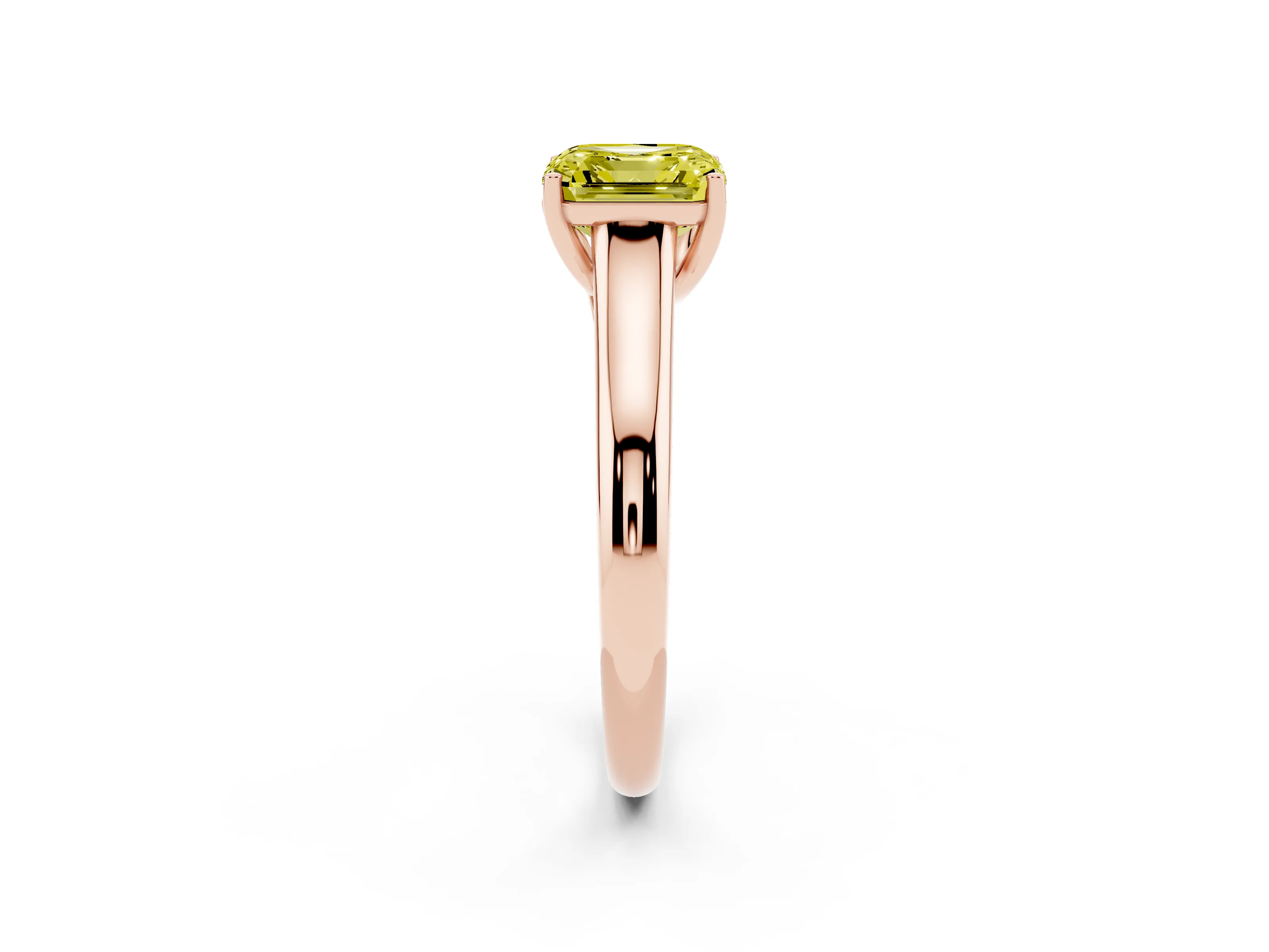 Fancy Yellow Asscher Cut Diamond Solitaire Engagement Ring Set in Rose gold with Subtly Tapered Band and Prong Setting