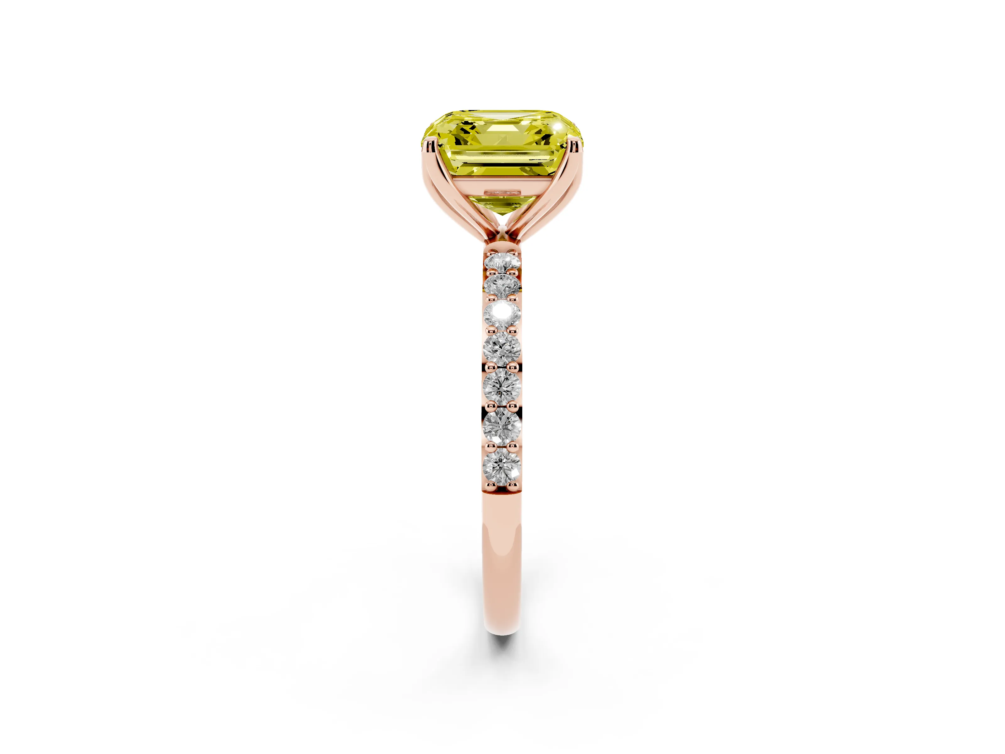 Fancy Yellow Asscher Cut Diamond Solitaire Engagement Ring Set in Rose gold with Round Pavé Band and Prong Setting