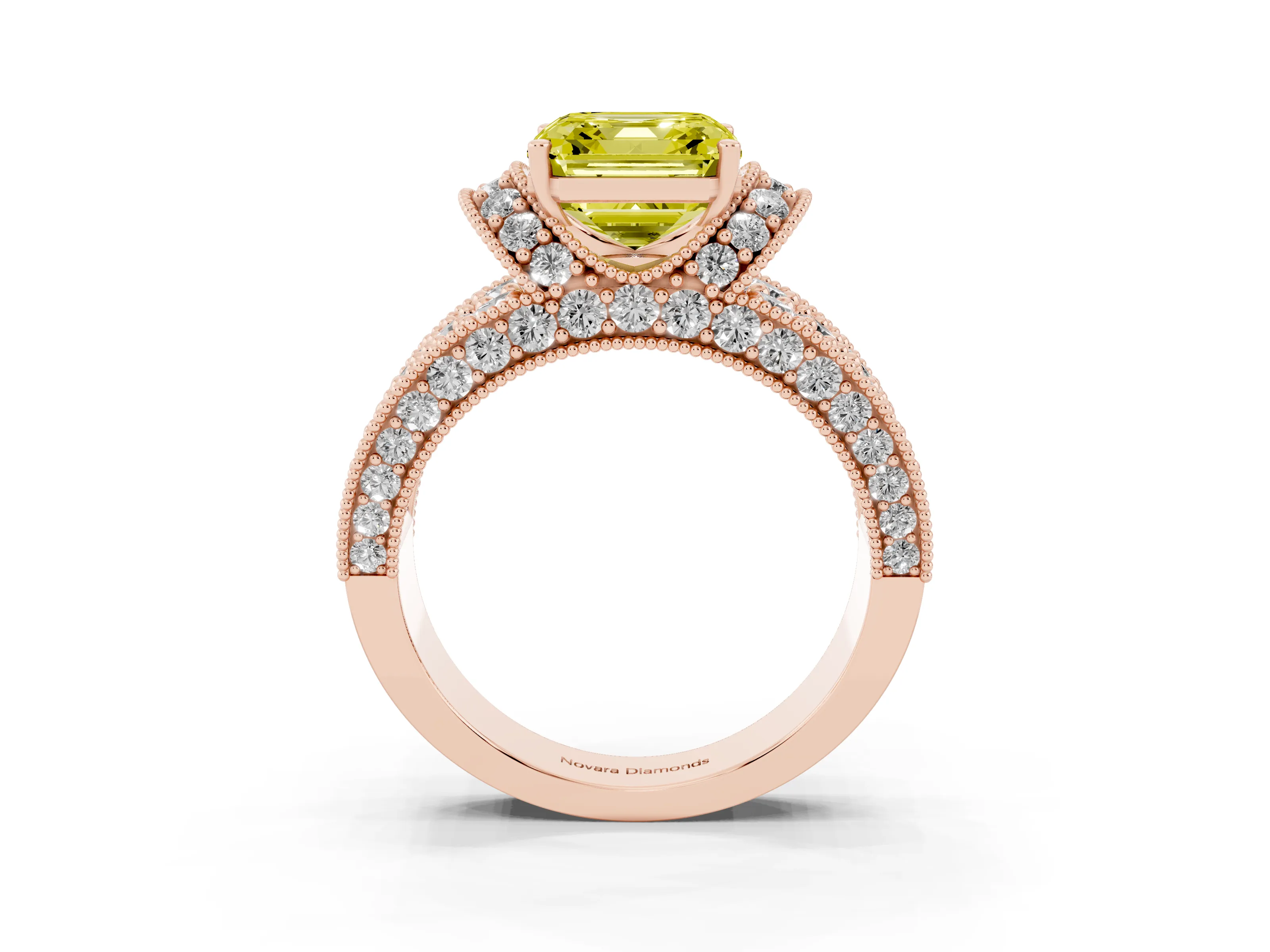 Fancy Yellow Asscher Cut Diamond Milgrain Halo Pavé Engagement Ring Set in Rose gold with Prong Setting