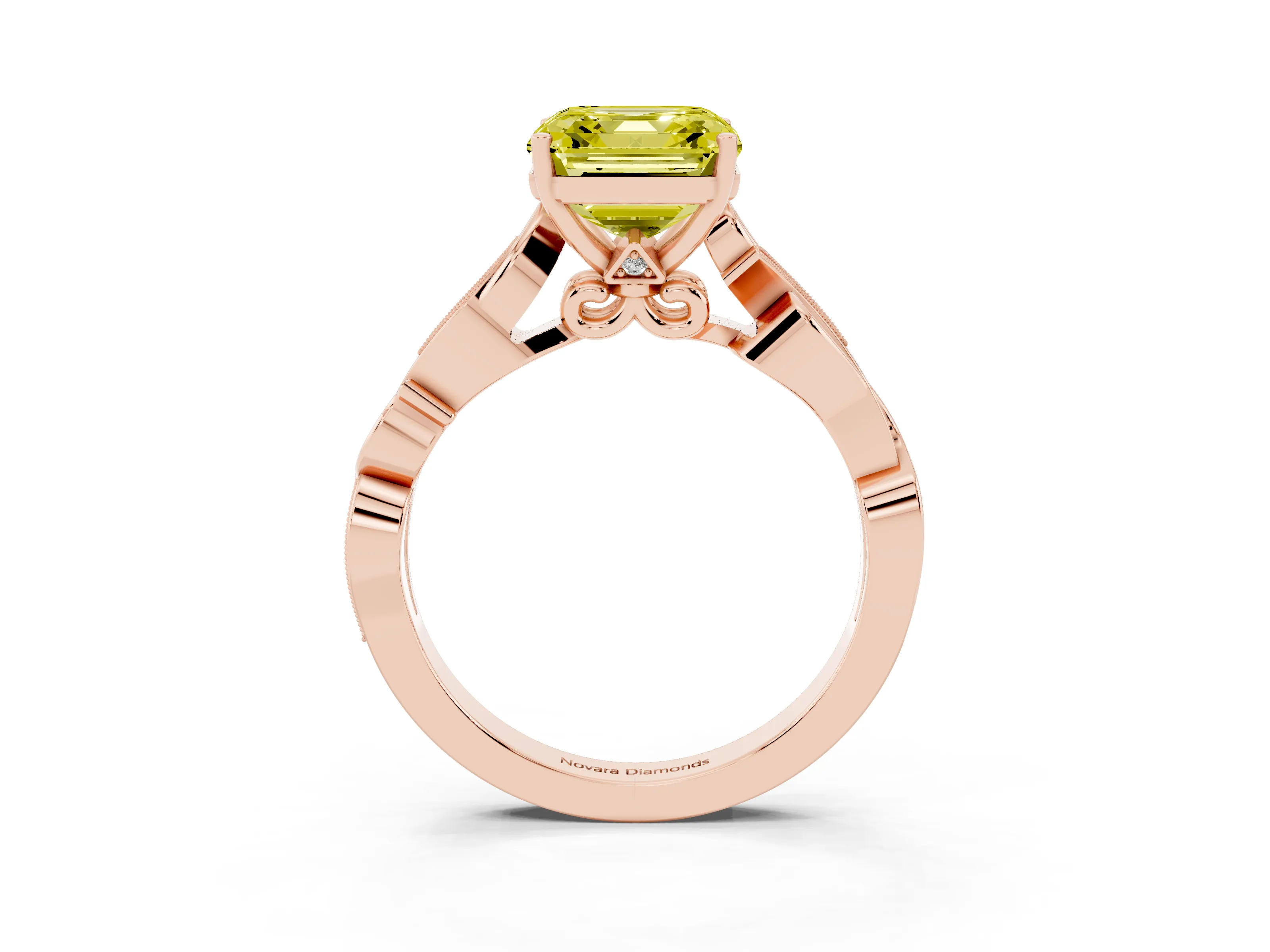 Fancy Yellow Asscher Cut Diamond Vine Band Solitaire Ring Set in Rose gold with Milgrain Prong Setting