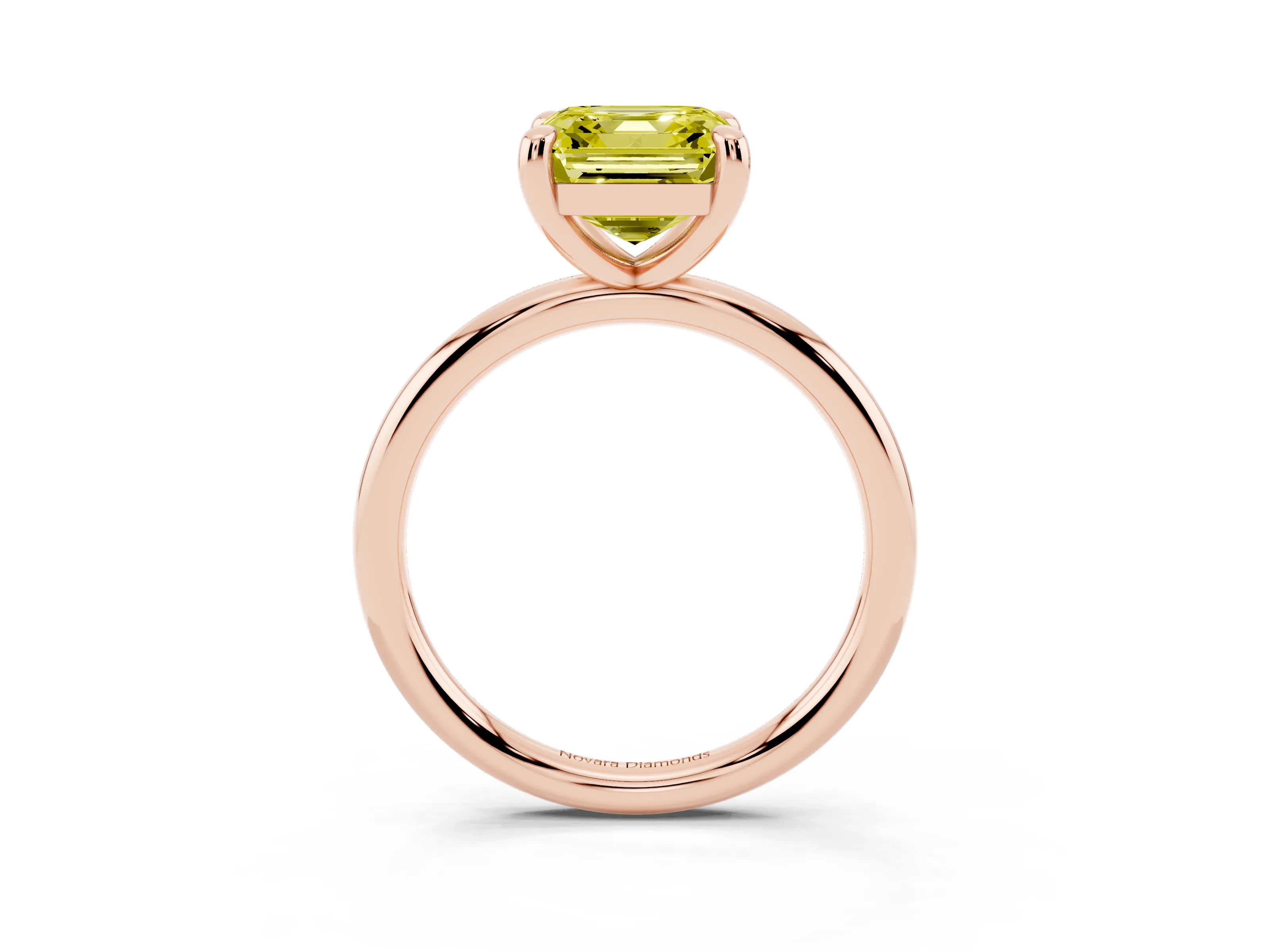Fancy Yellow Asscher Cut Diamond Solitaire Ring Set in Rose gold with Prong Setting on a Polished Plain Band