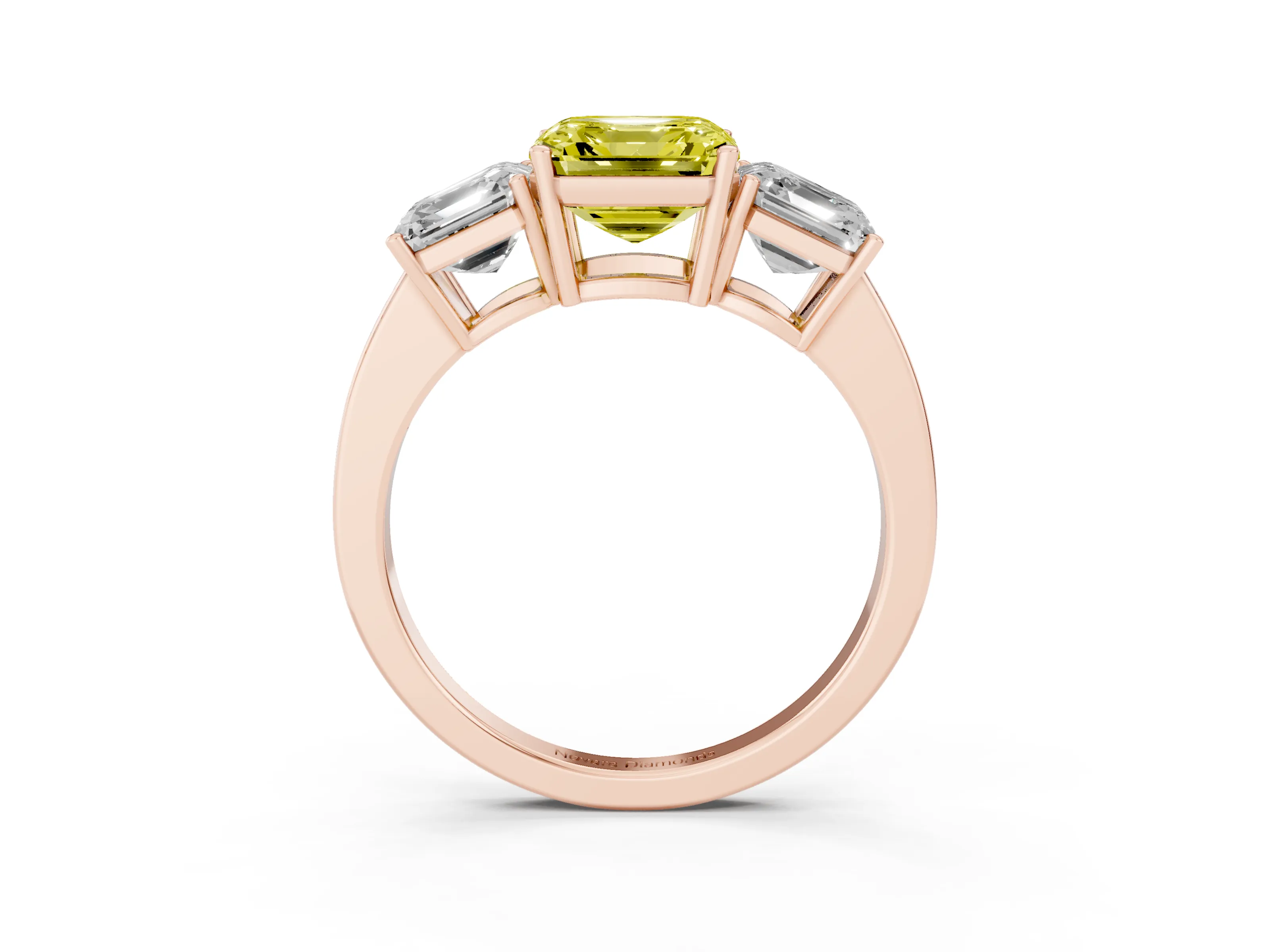 Fancy Yellow Asscher Cut Diamond Three-Stone Engagement Ring Set in Rose gold with Flat Band
