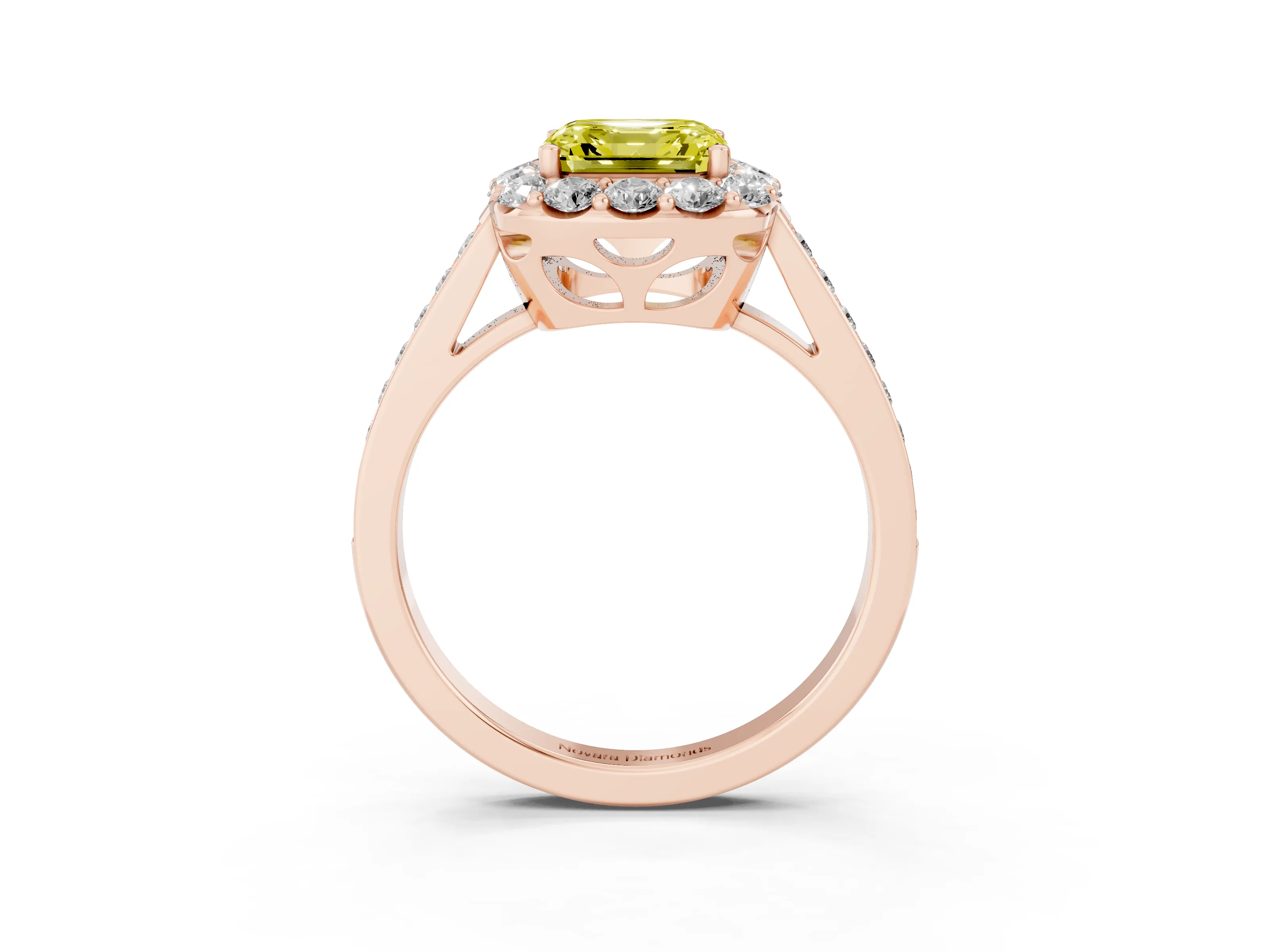 Fancy Yellow Asscher Cut Diamond Floral Halo Ring Set in Rose gold with Pavé Band and Prong Setting