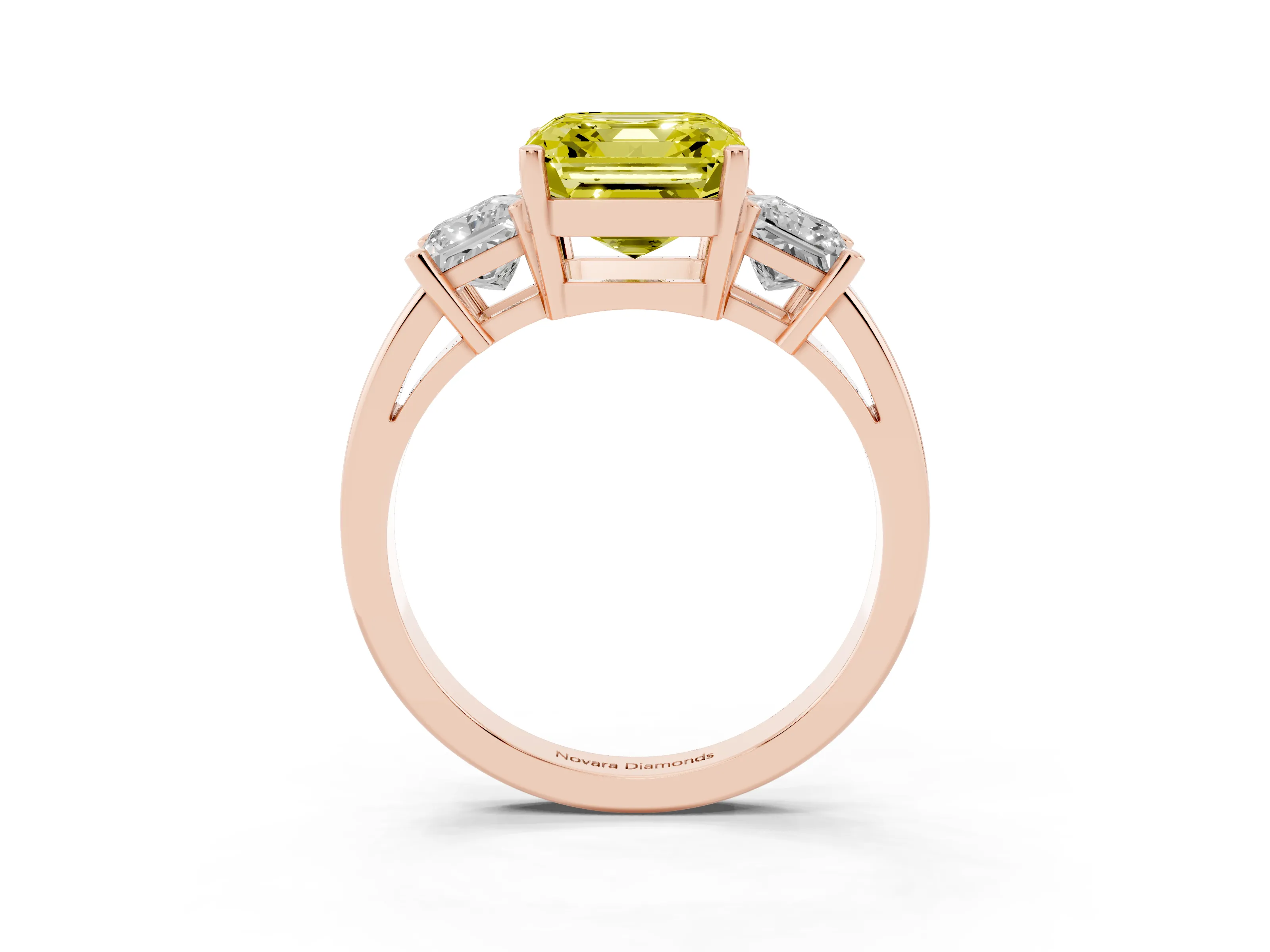Fancy Yellow Three-Stone Asscher Cut Diamond Solitaire Ring Set in Rose gold with Prong Setting