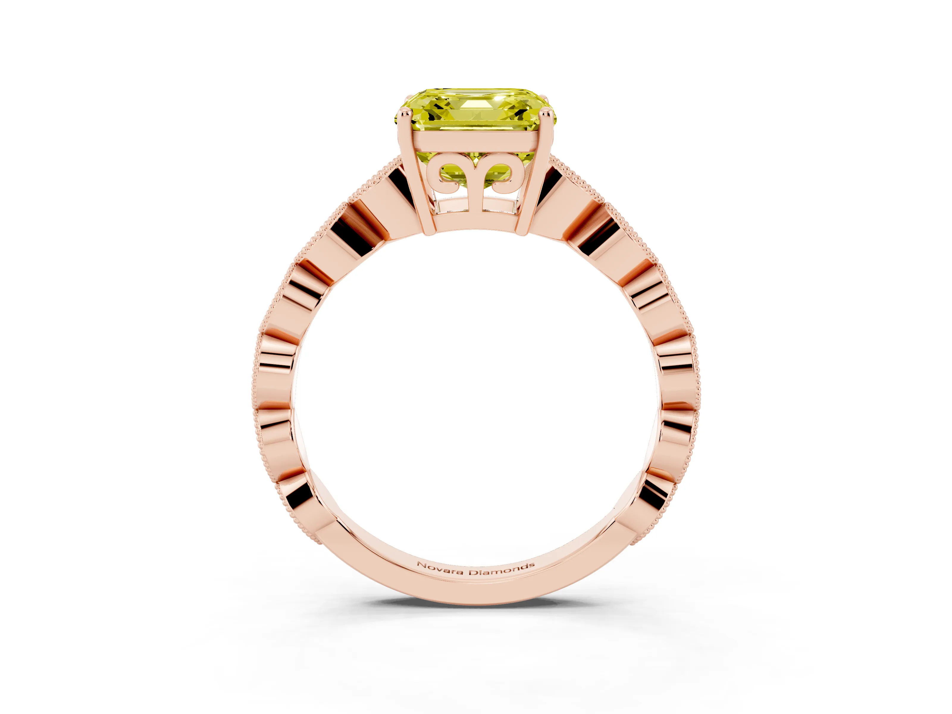 Fancy Yellow Asscher Cut Diamond Solitaire Ring Set in Rose gold with Infinity Twist Pavé Band