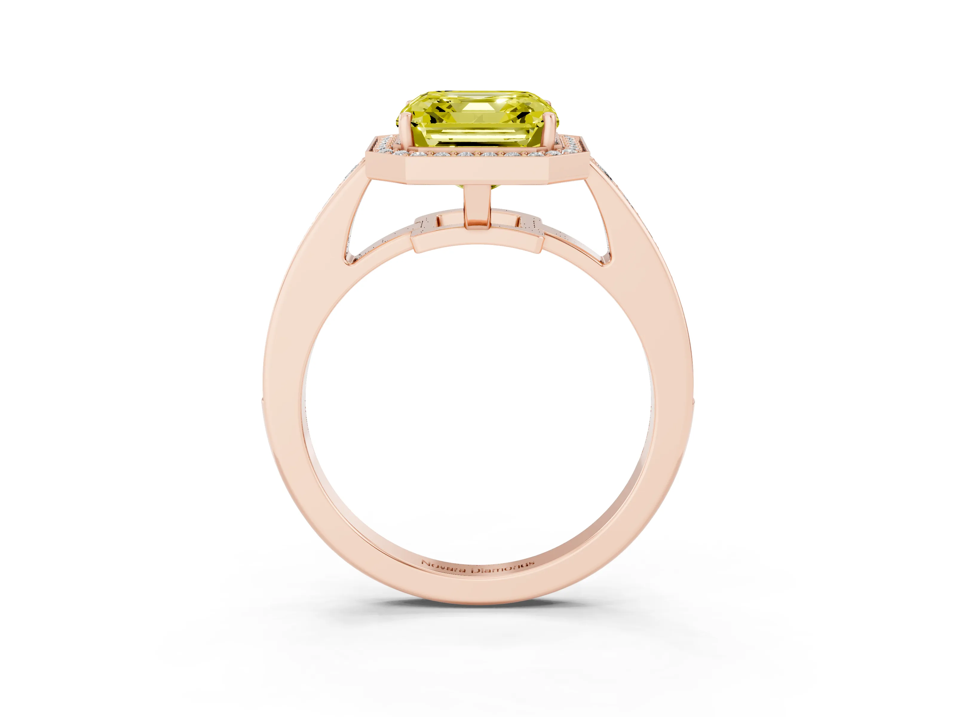 Fancy Yellow Asscher Cut Diamond Halo Pavé Engagement Ring Set in Rose gold with Bezel Setting