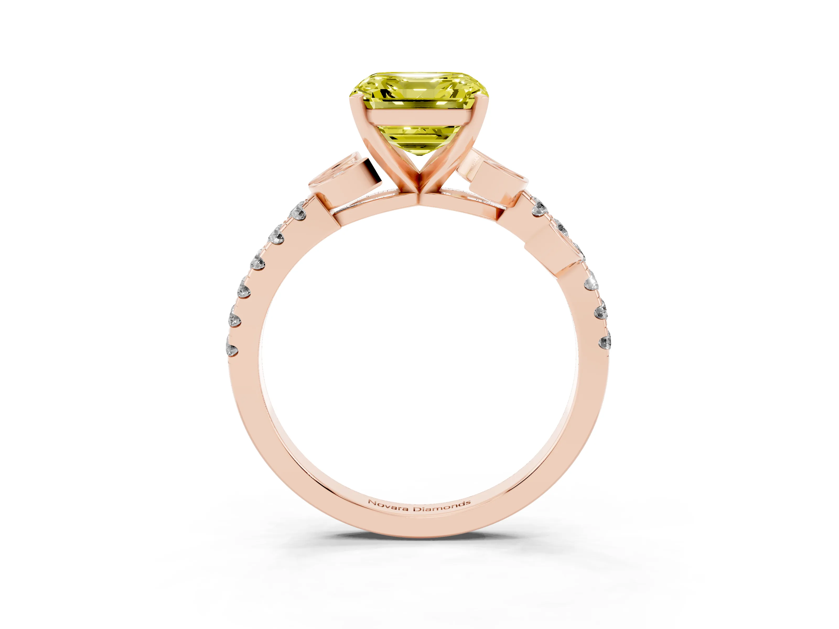 Fancy Yellow Asscher Cut Diamond Solitaire Leaf-Inspired Ring Set in Rose gold with Pavé Band and Prong Setting
