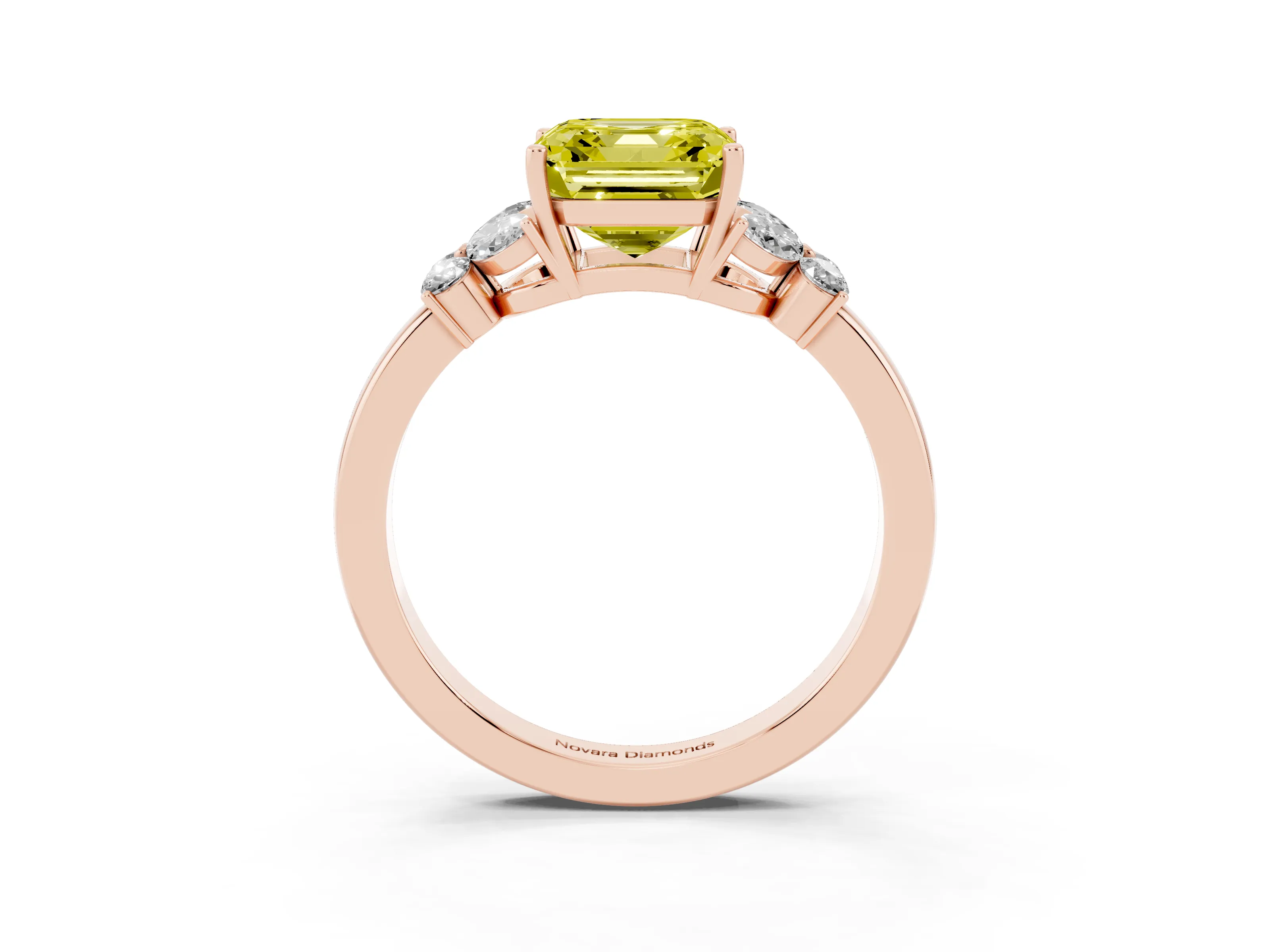 Fancy Yellow Asscher Cut Diamond Solitaire Floral Ring Set in Rose gold with Marquise Petals and Prong Setting