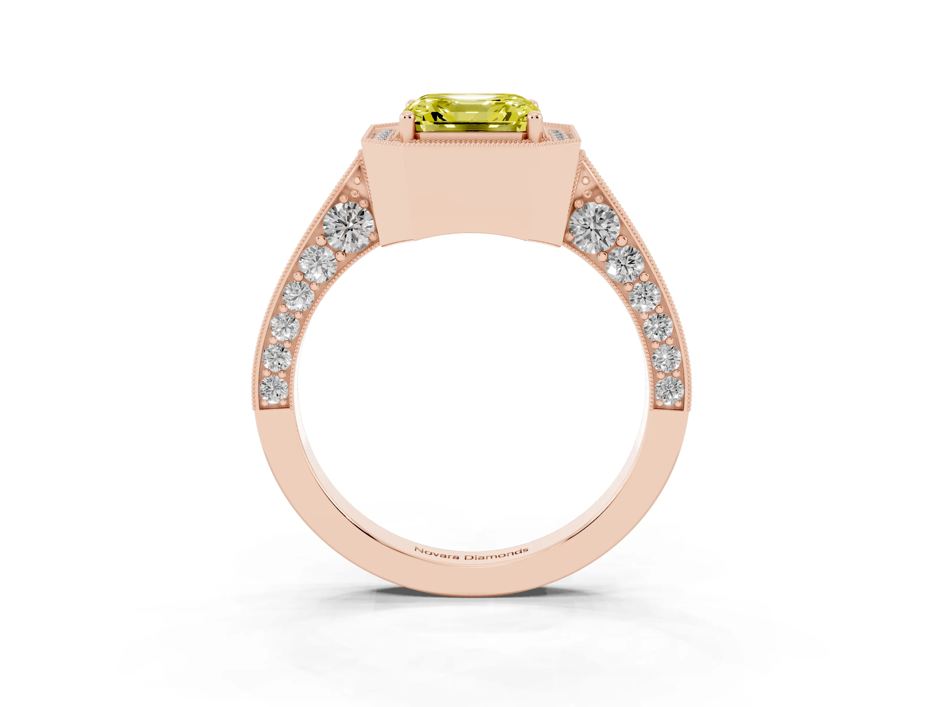 Fancy Yellow Asscher Cut Diamond Halo Engagement Ring Set in Rose gold with Accent Split Shank Band