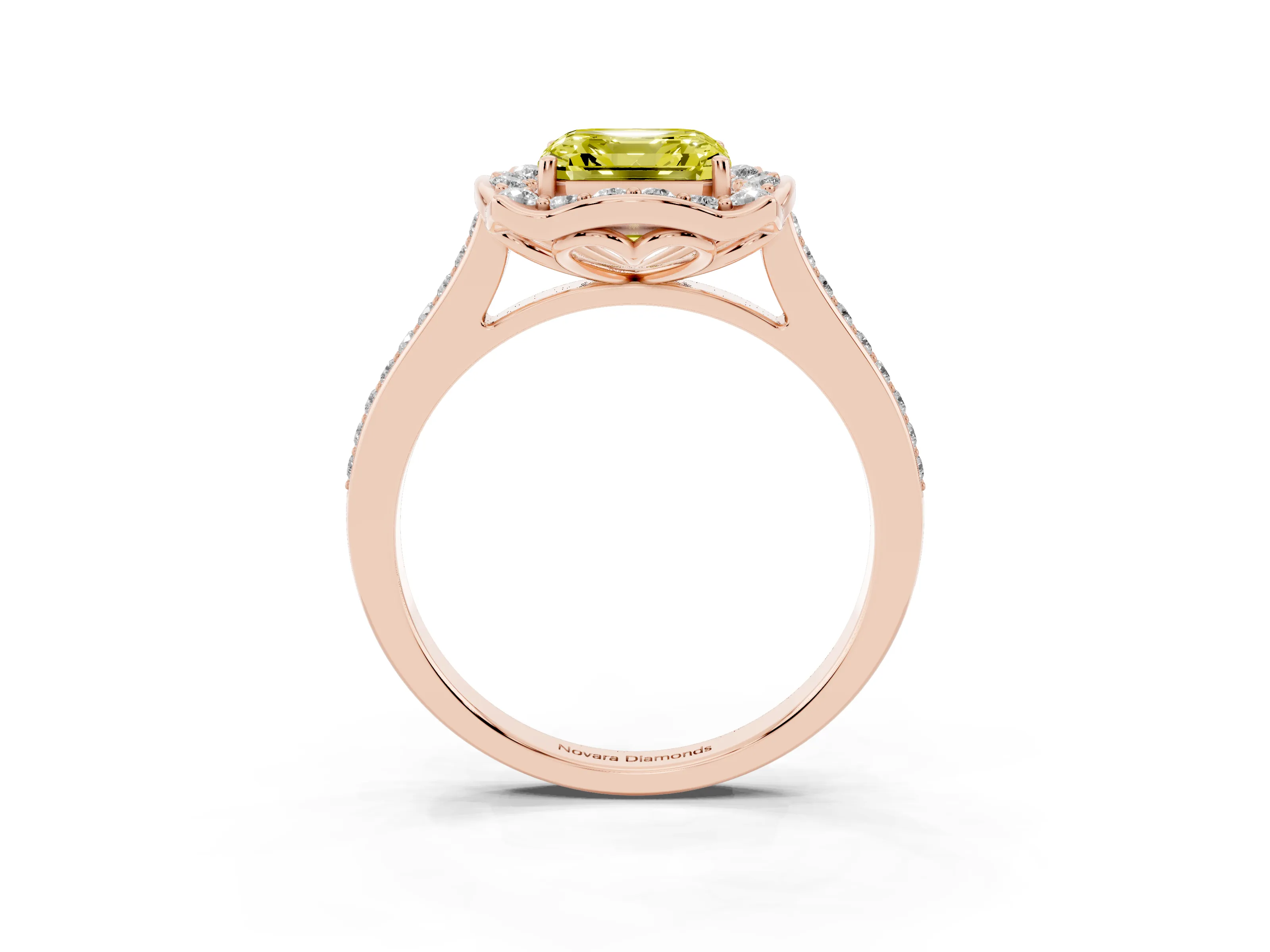 Fancy Yellow Asscher Cut Diamond Halo Ring Set in Rose gold with Pavé-Lined Shoulders and Prong Setting