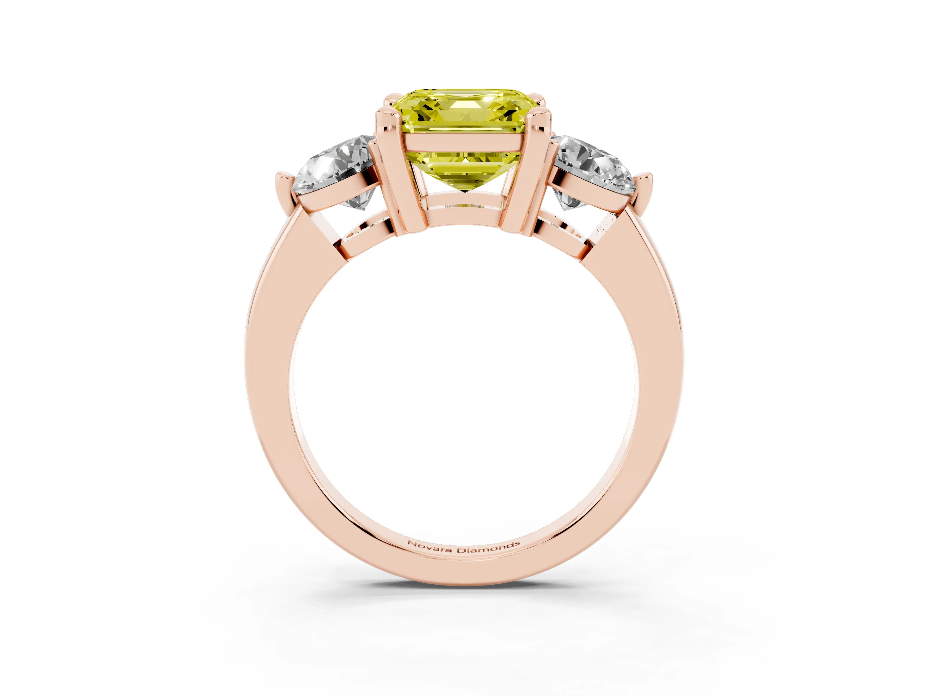 Fancy Yellow Asscher Cut Diamond Three-Stone Ring Set in Rose gold with Prong Setting and Classic Band