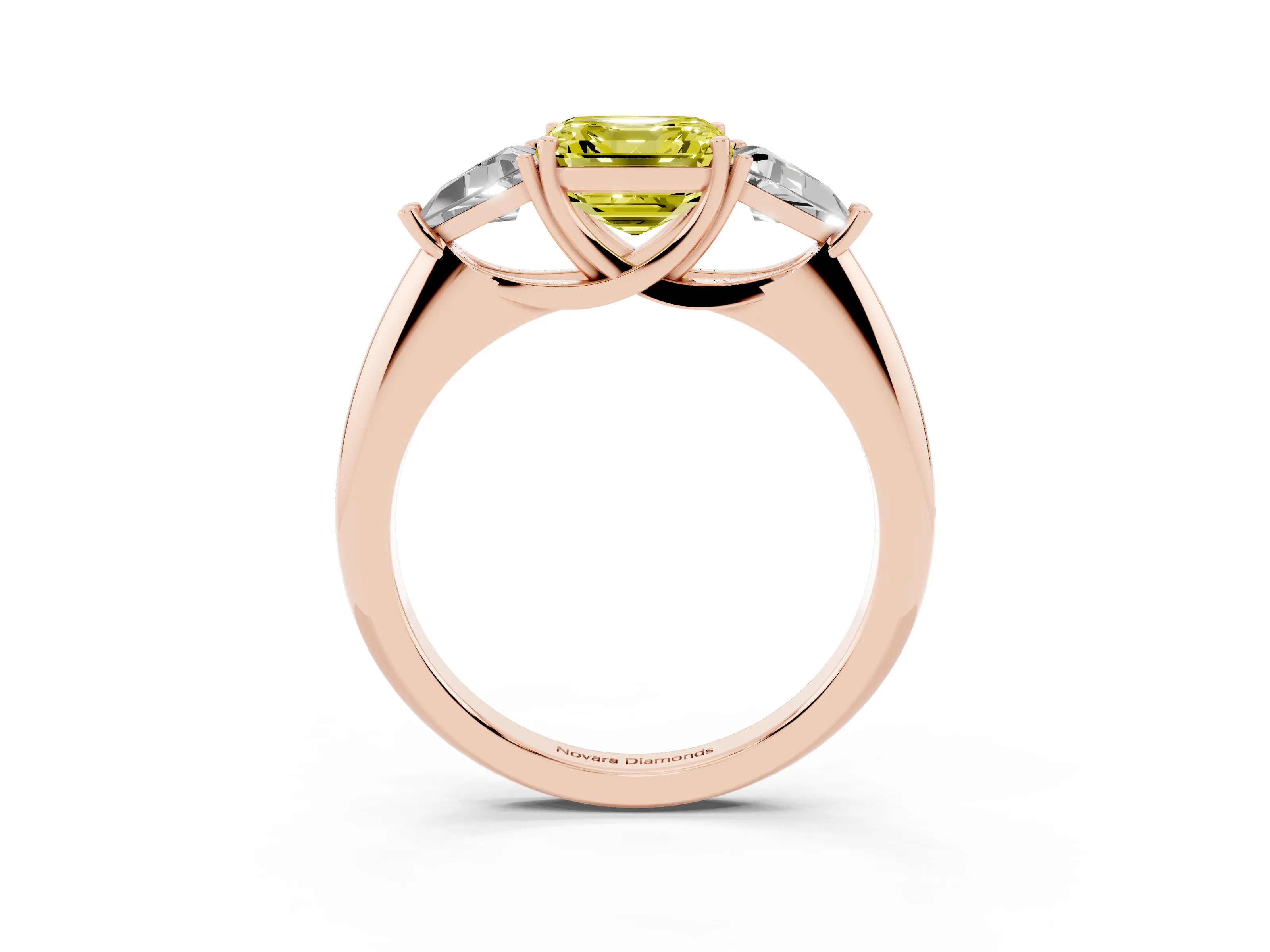 Fancy Yellow Asscher Cut Diamond Three-Stone Engagement Ring Set in Rose gold with Trillion Side Stones