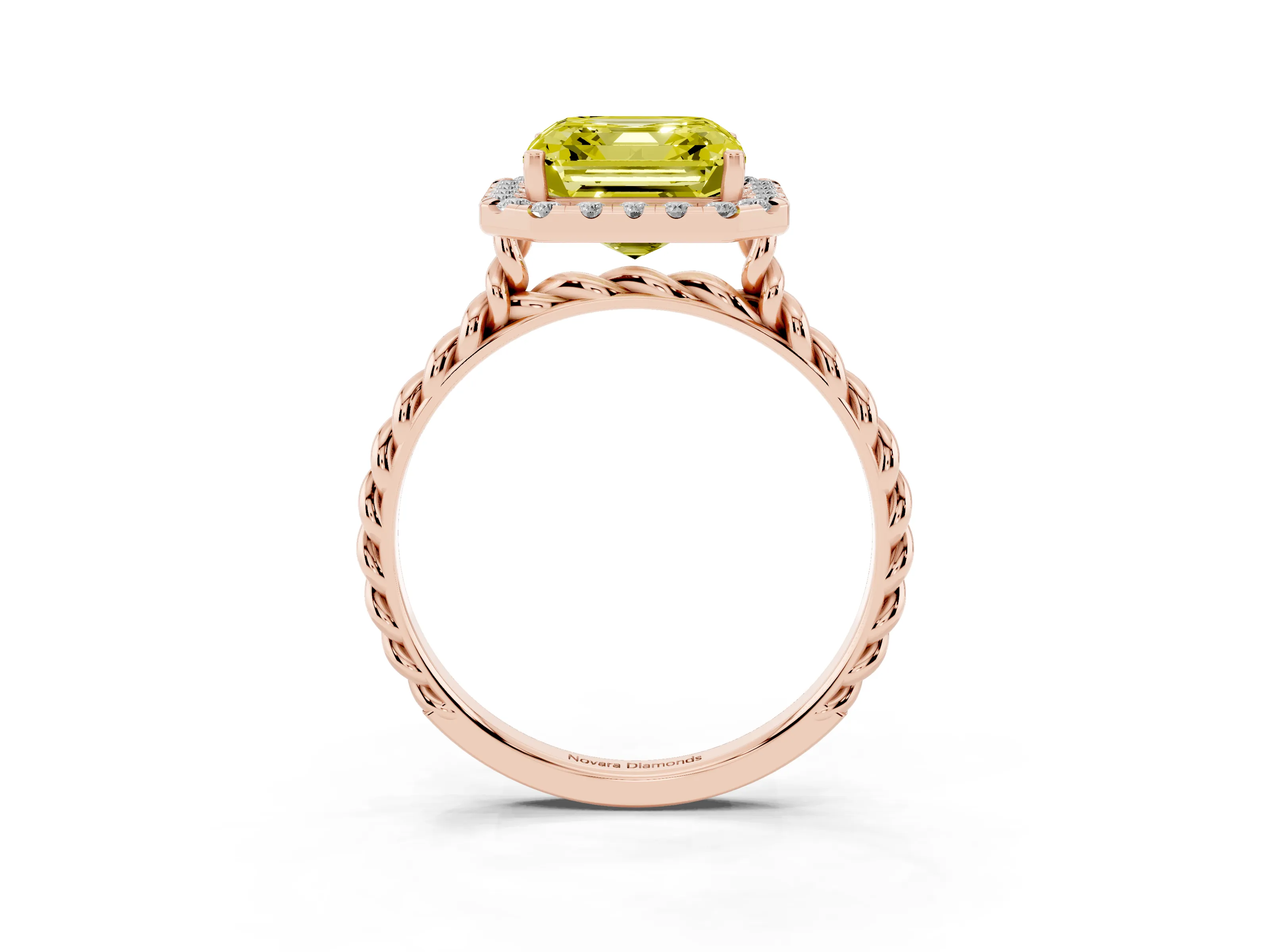 Fancy Yellow Asscher Cut Diamond Halo Ring Set in Rose gold with Plain Twisted Band