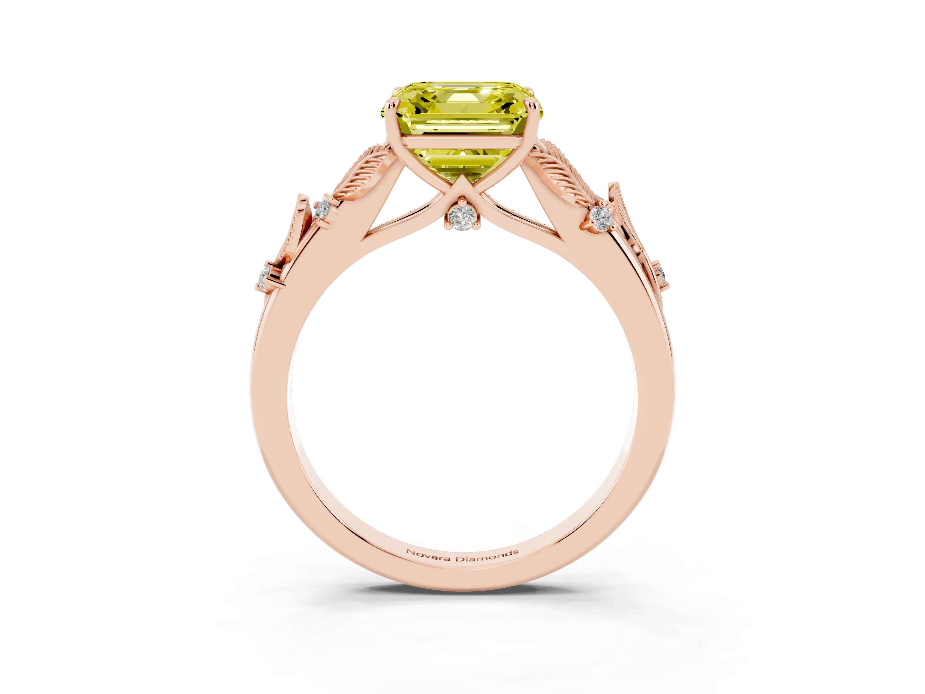 Fancy Yellow Asscher Cut Diamond Solitaire Ring Set in Rose gold with Leaf Motif Band