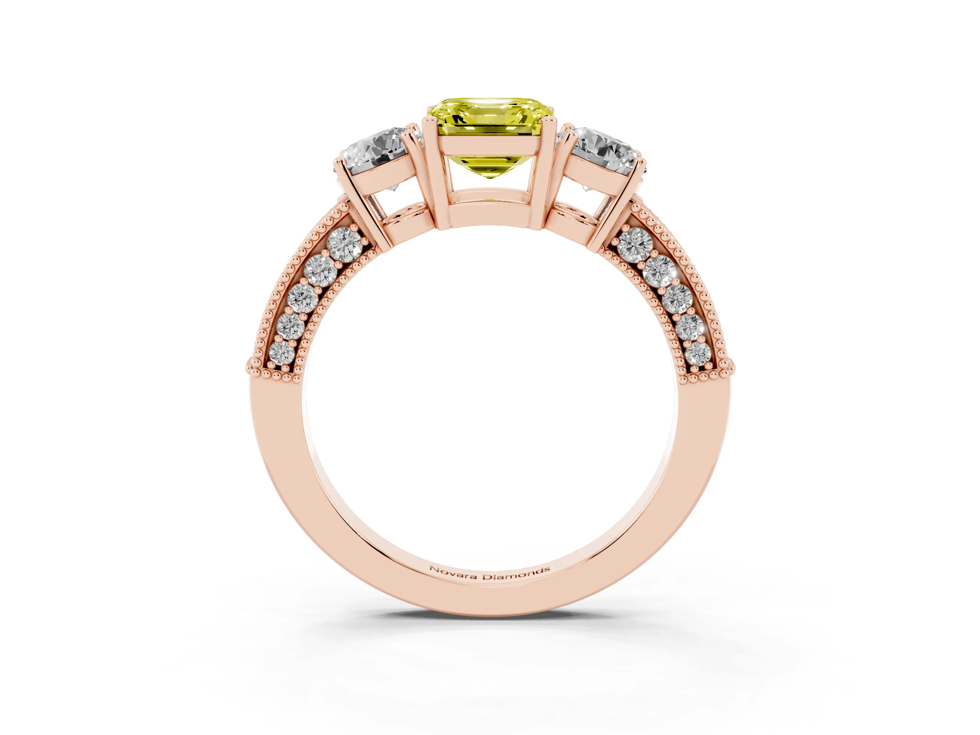Fancy Yellow Asscher Cut Diamond Three-Stone Ring Set in Rose gold with Round Side Stones and Pavé Band