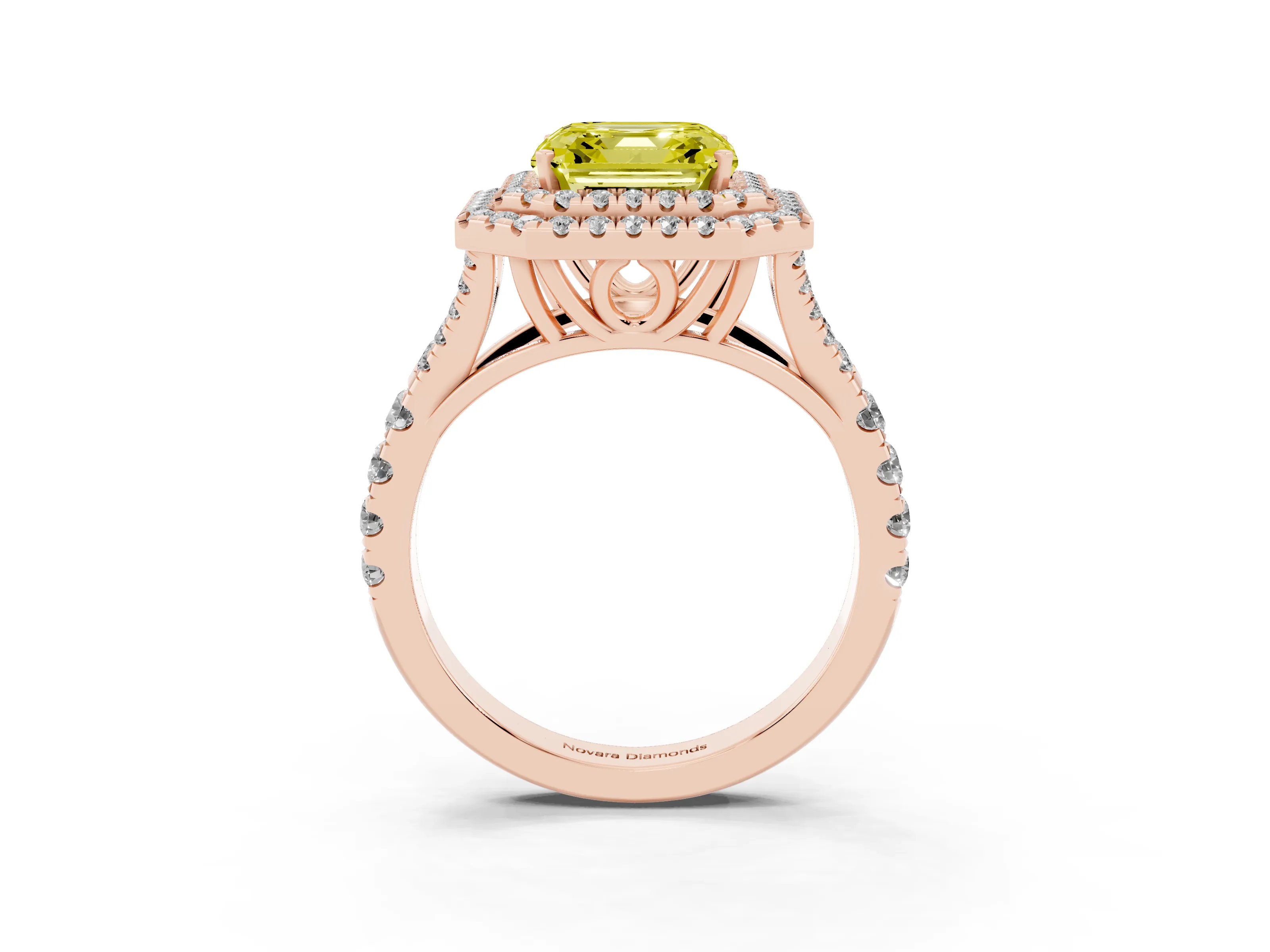 Fancy Yellow Asscher Cut Diamond Pavé Split Shank Double Halo Engagement Ring Set in Rose gold