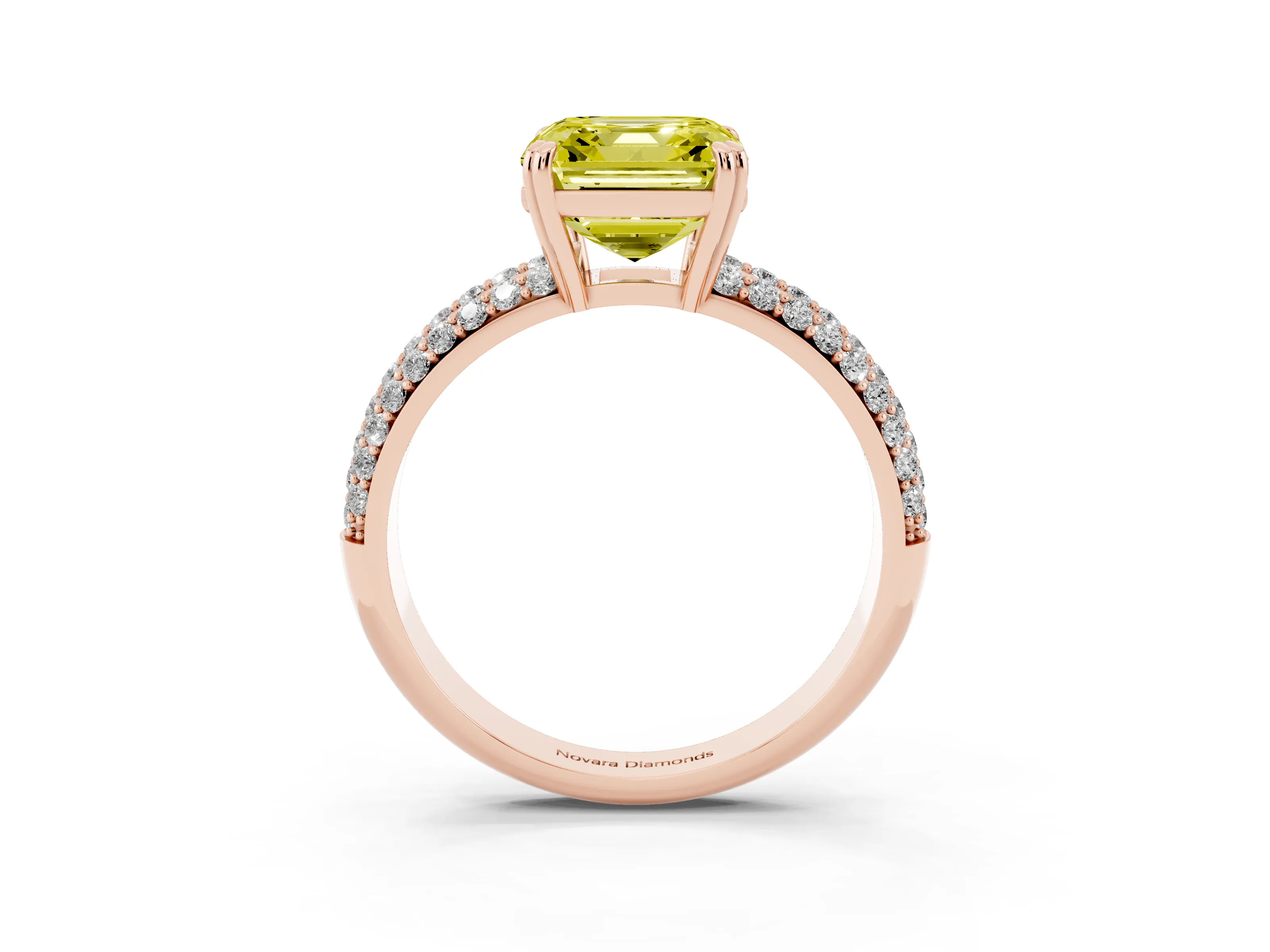 Fancy Yellow Asscher Cut Diamond Solitaire Ring Set in Rose gold with Multi-Row Round Pavé Band and Prong Setting
