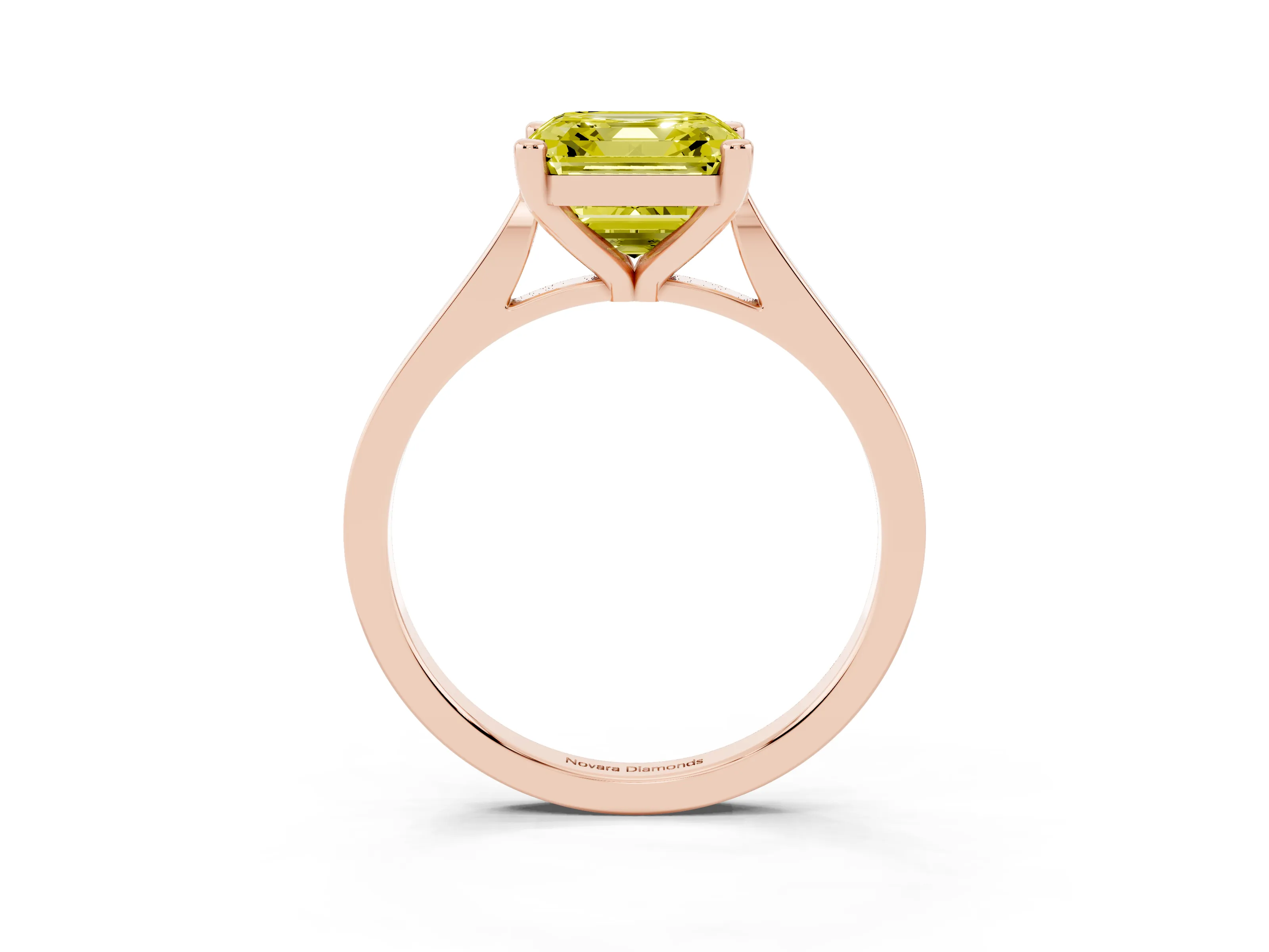 Fancy Yellow Asscher Cut Diamond Solitaire Ring Set in Rose gold with Prong Setting and Tapered Band