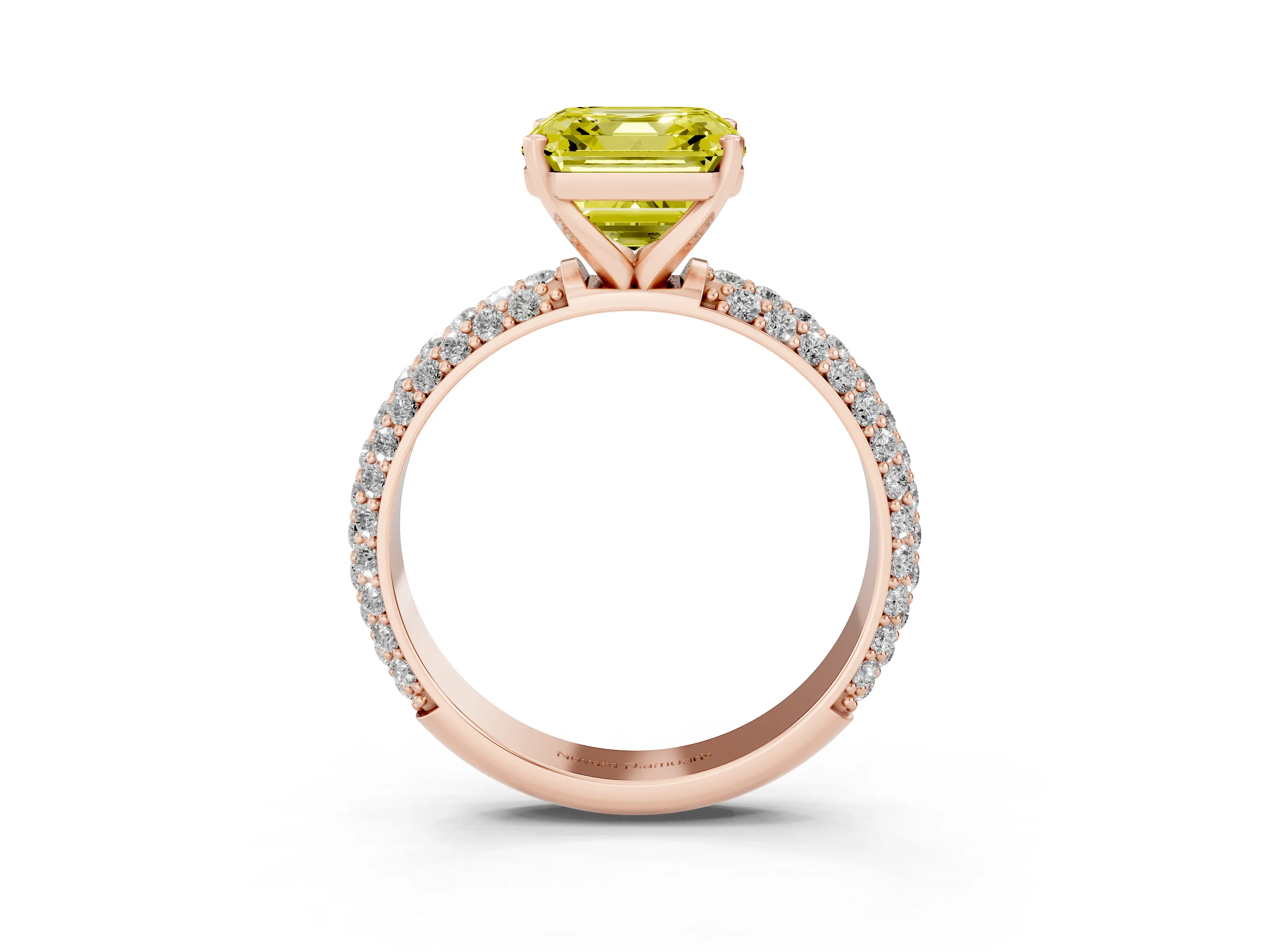 Fancy Yellow Asscher Cut Diamond Solitaire Ring Set in Rose gold with Prong Setting and Pavé-Set Band