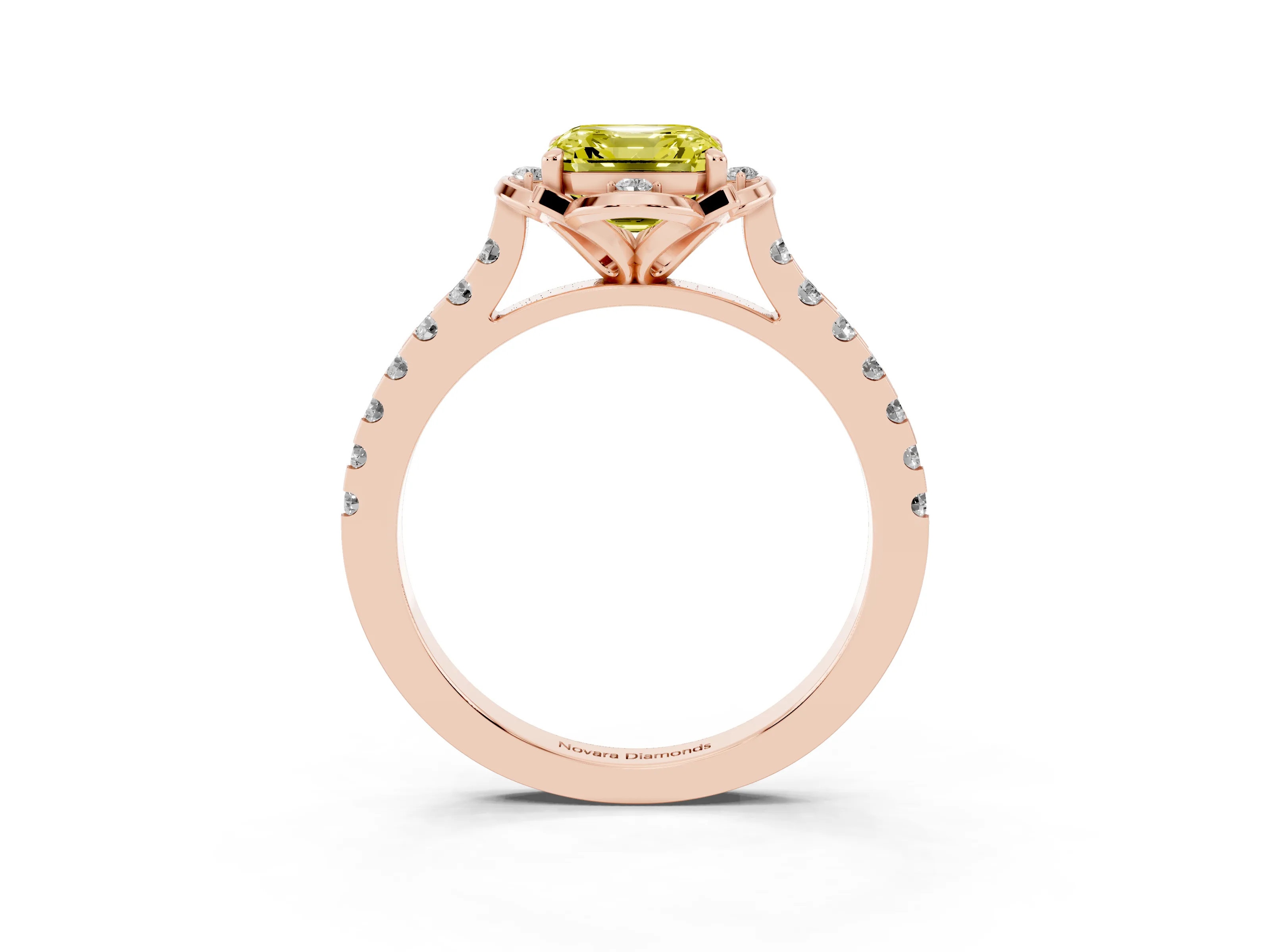 Fancy Yellow Asscher Cut Diamond Solitaire Ring Set in Rose gold with Pavé Band and Floral Prong Setting