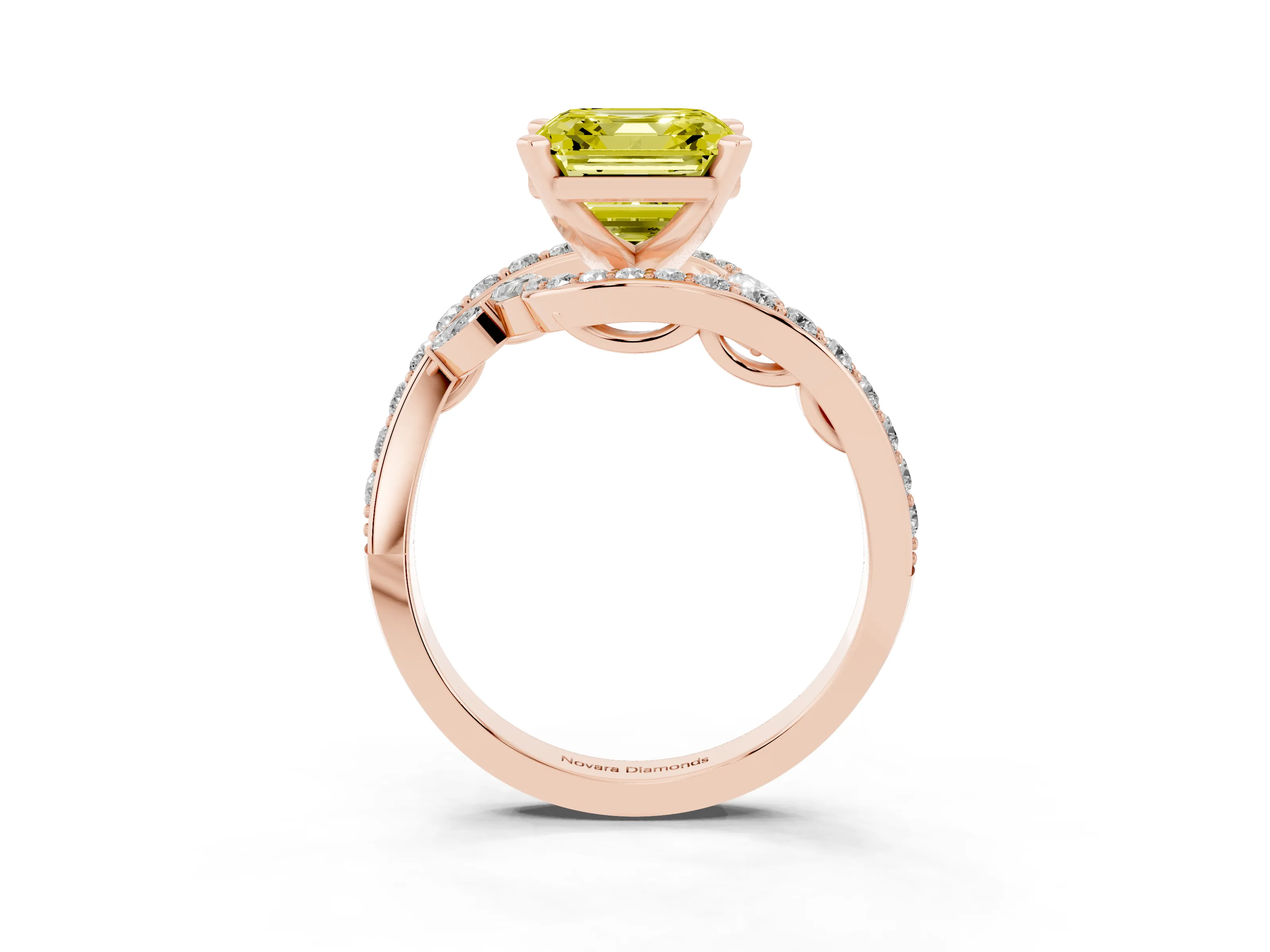 Fancy Yellow Asscher Cut Diamond Solitaire Ring Set in Rose gold with Pavé Twist Band and Secure Prong Setting