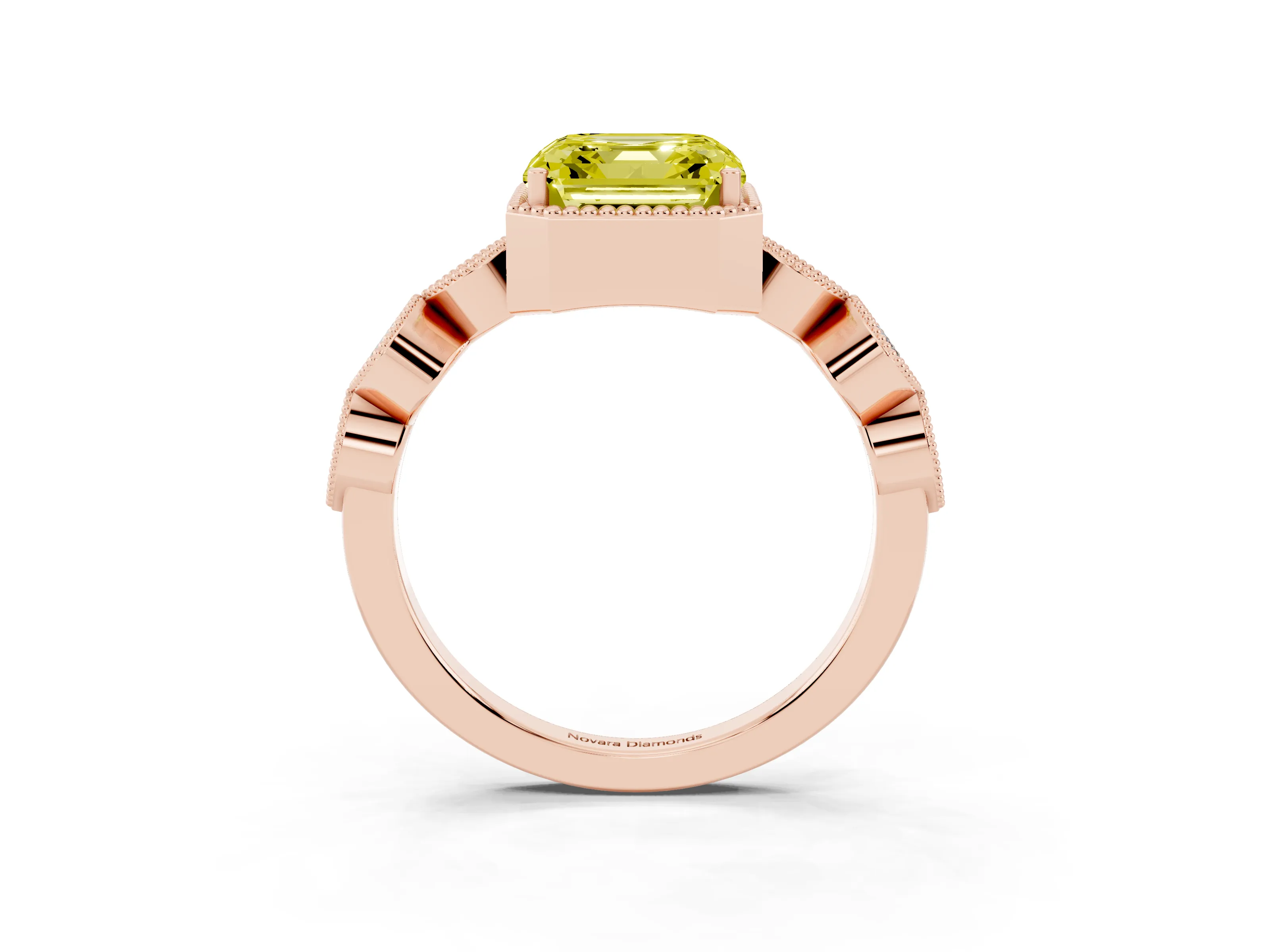 Fancy Yellow Asscher Cut Diamond Vintage-Inspired Milgrain Ring Set in Rose gold with Marquise Stations of Round Accents