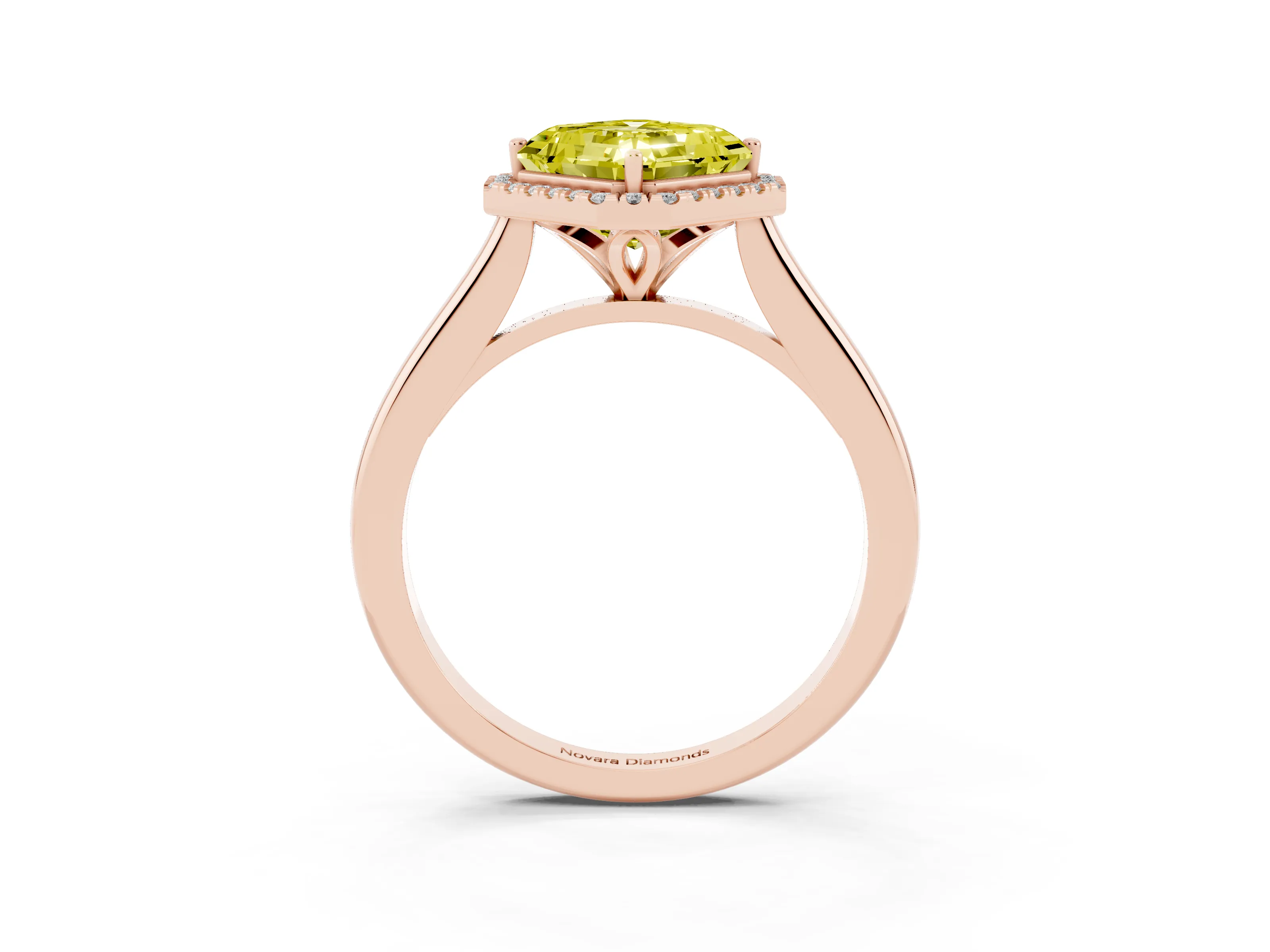 Fancy Yellow Asscher Cut Diamond Halo Engagement Ring Set in Rose gold with Pavé Band and Rising Shoulders