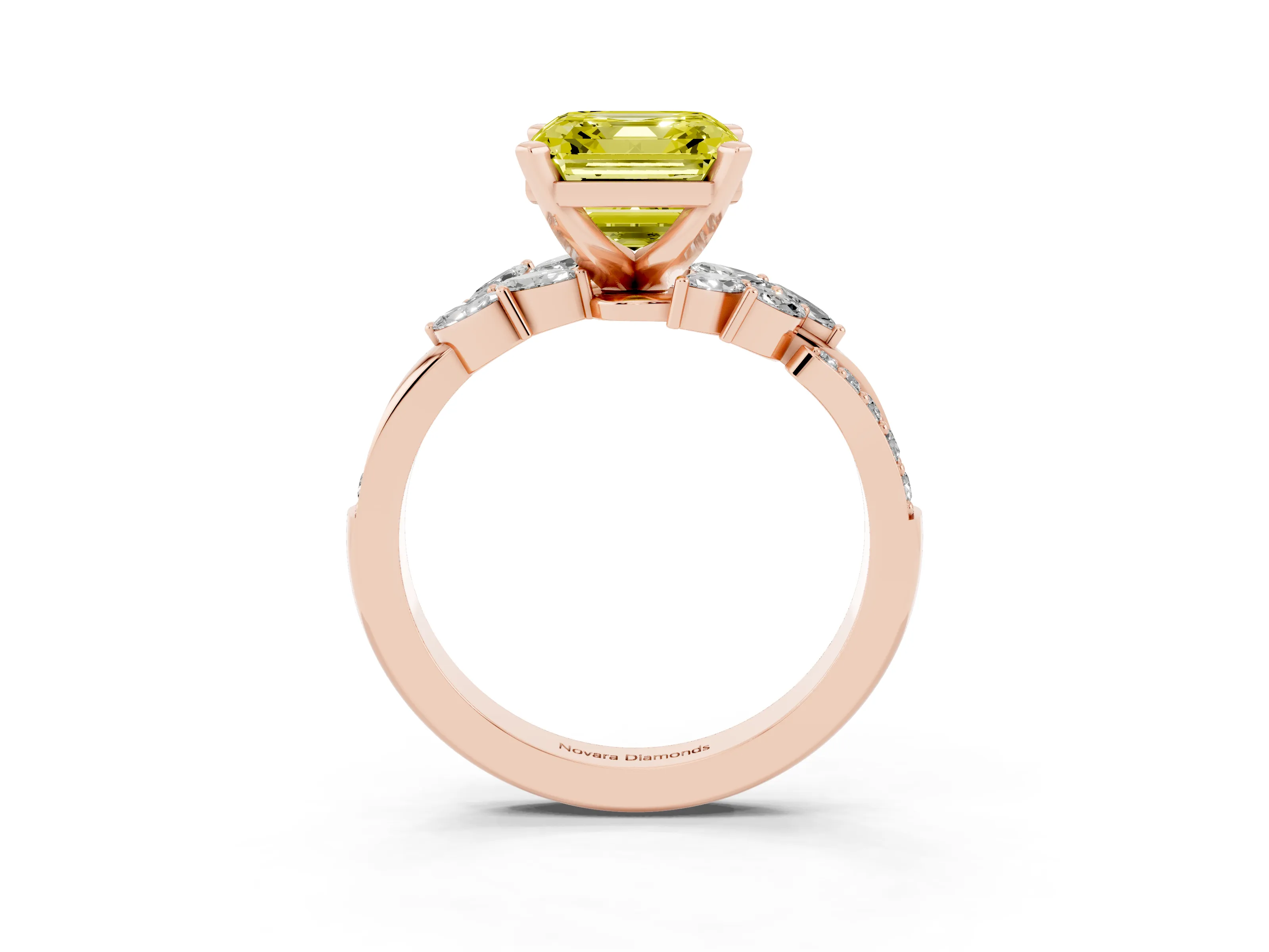 Fancy Yellow Asscher Cut Diamond Solitaire Ring Set in Rose gold with Marquise Twist Band and Prong Setting