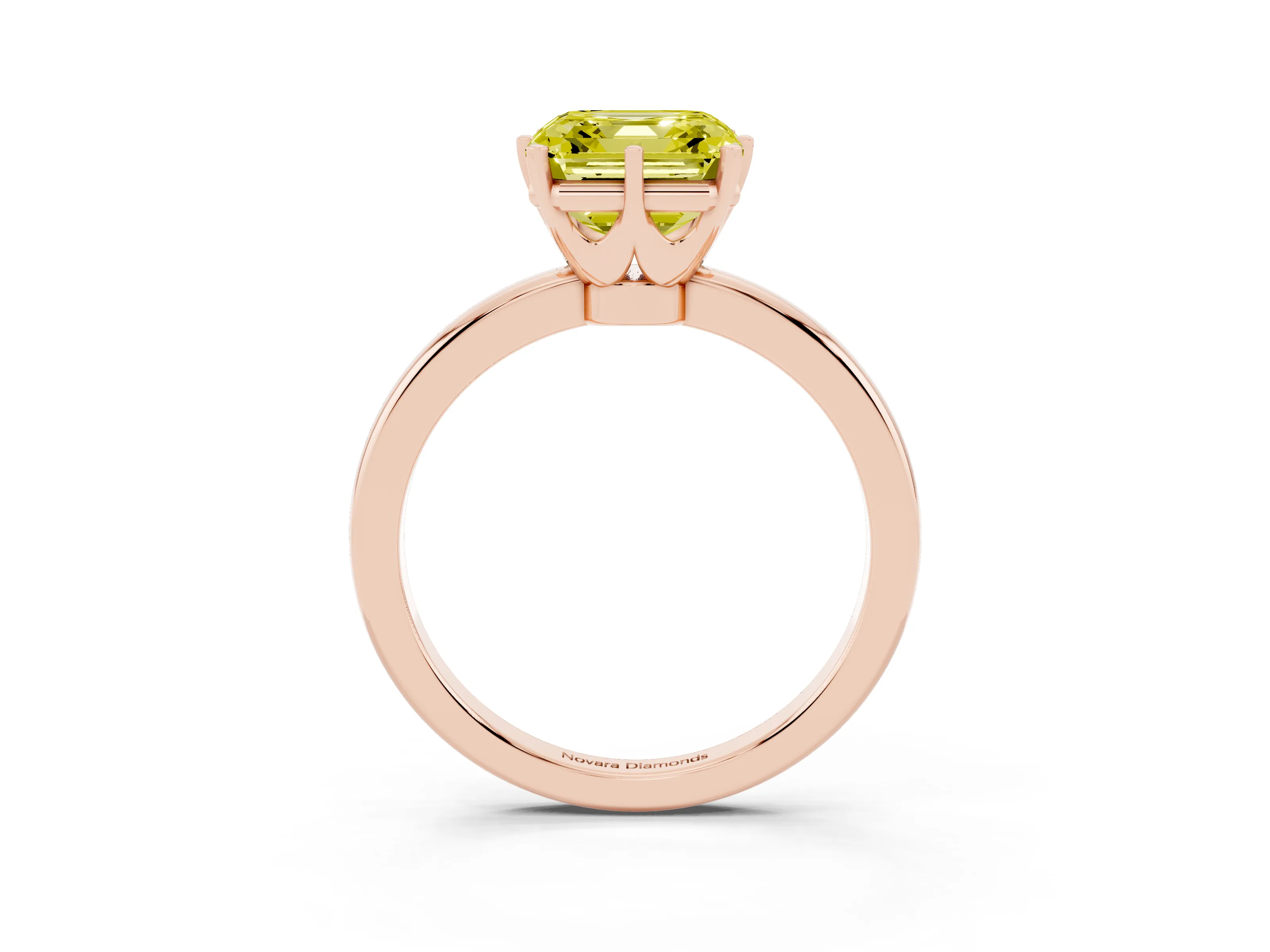Fancy Yellow Asscher Cut Diamond Solitaire Ring Set in Rose gold with Raised Prong Setting on a Classic Band