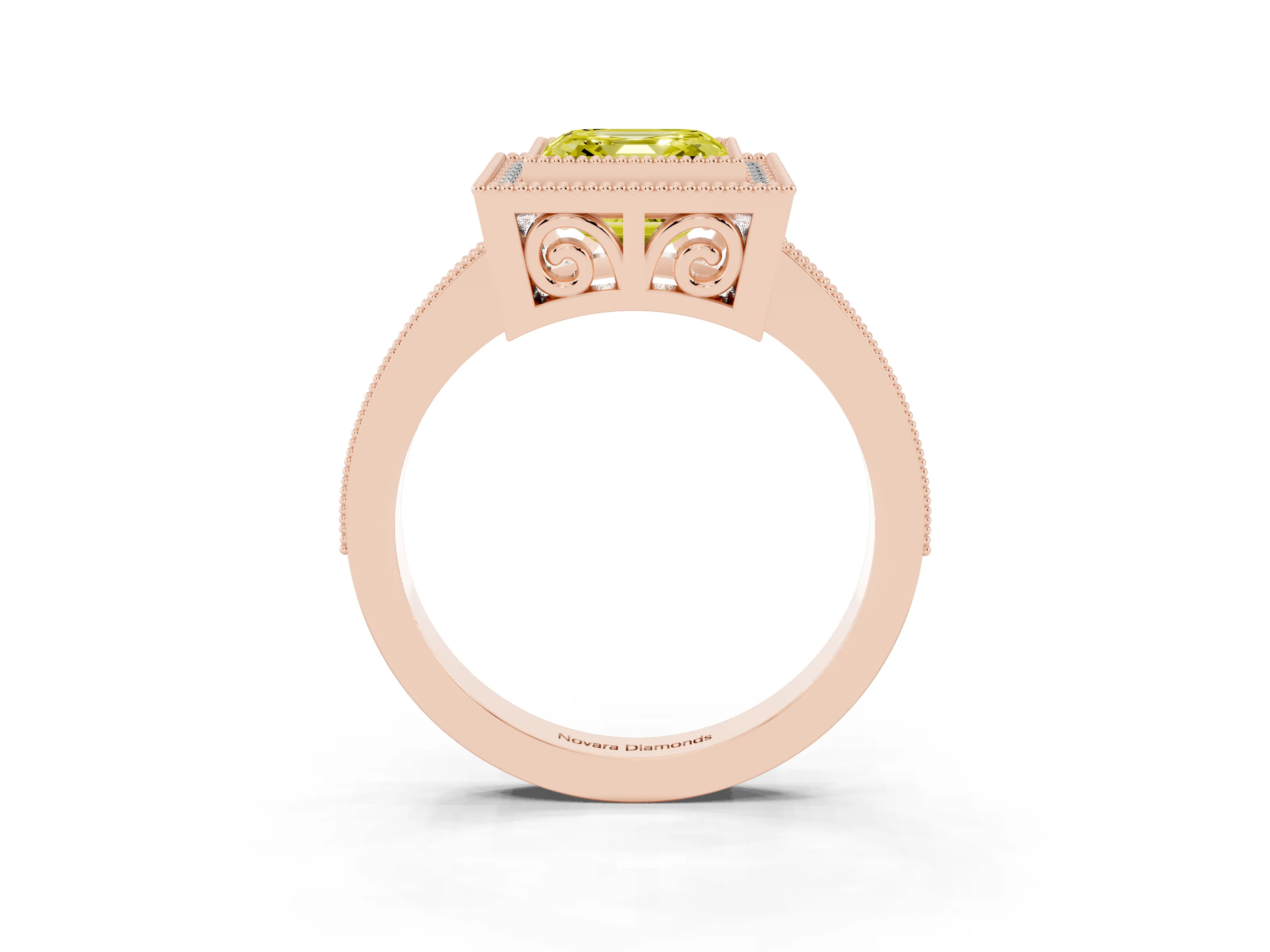Fancy Yellow Asscher Cut Diamond Round Halo Ring Set in Rose gold with Pavé Band