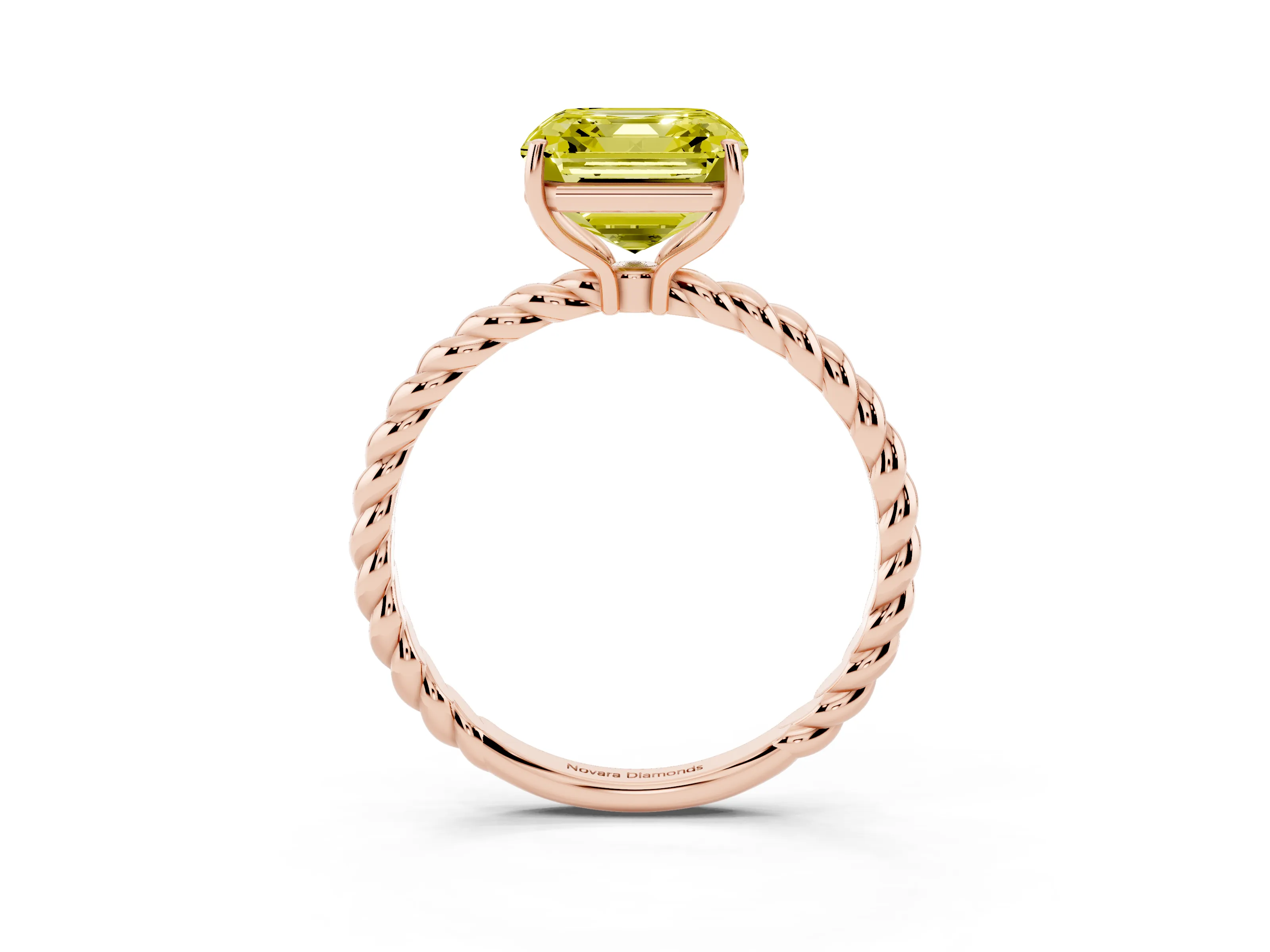 Fancy Yellow Asscher Cut Diamond Solitaire Ring Set in Rose gold with Twist Band and Prong Setting