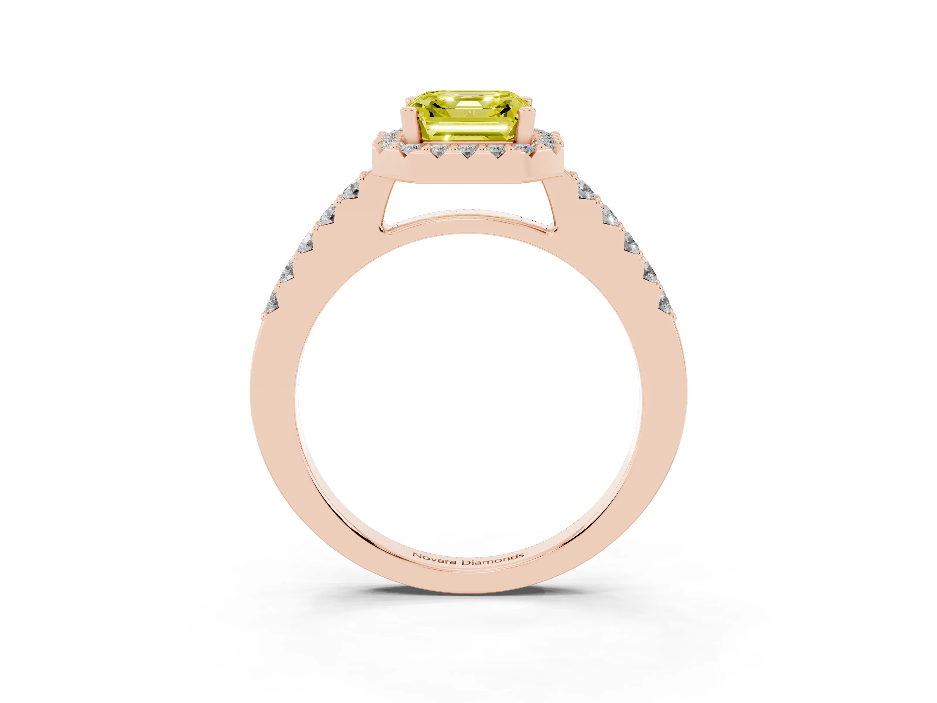 Fancy Yellow Asscher Cut Diamond Halo Pavé Solitaire Ring Set in Rose gold with Prong-Set Center Stone
