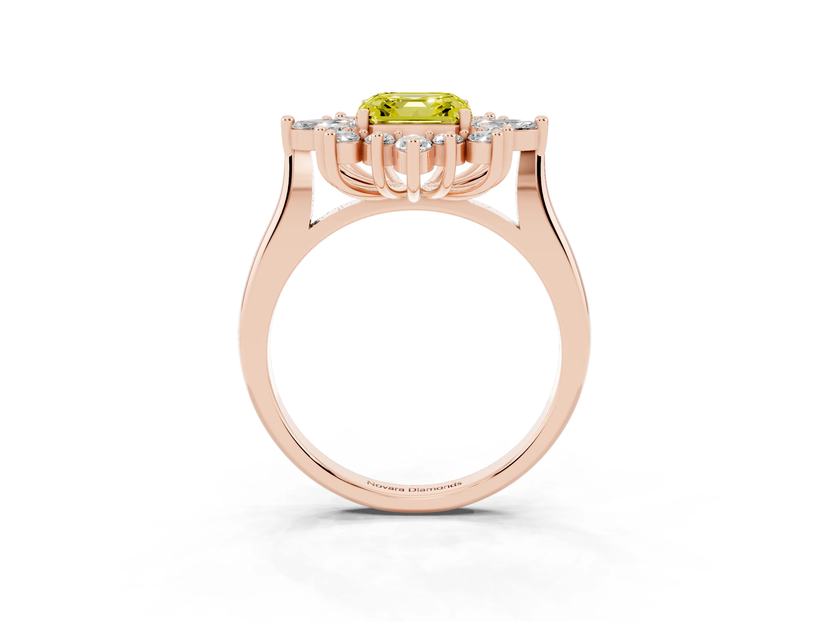 Fancy Yellow Asscher Cut Diamond Cluster Halo Ring Set in Rose gold with Marquise and Round Accents