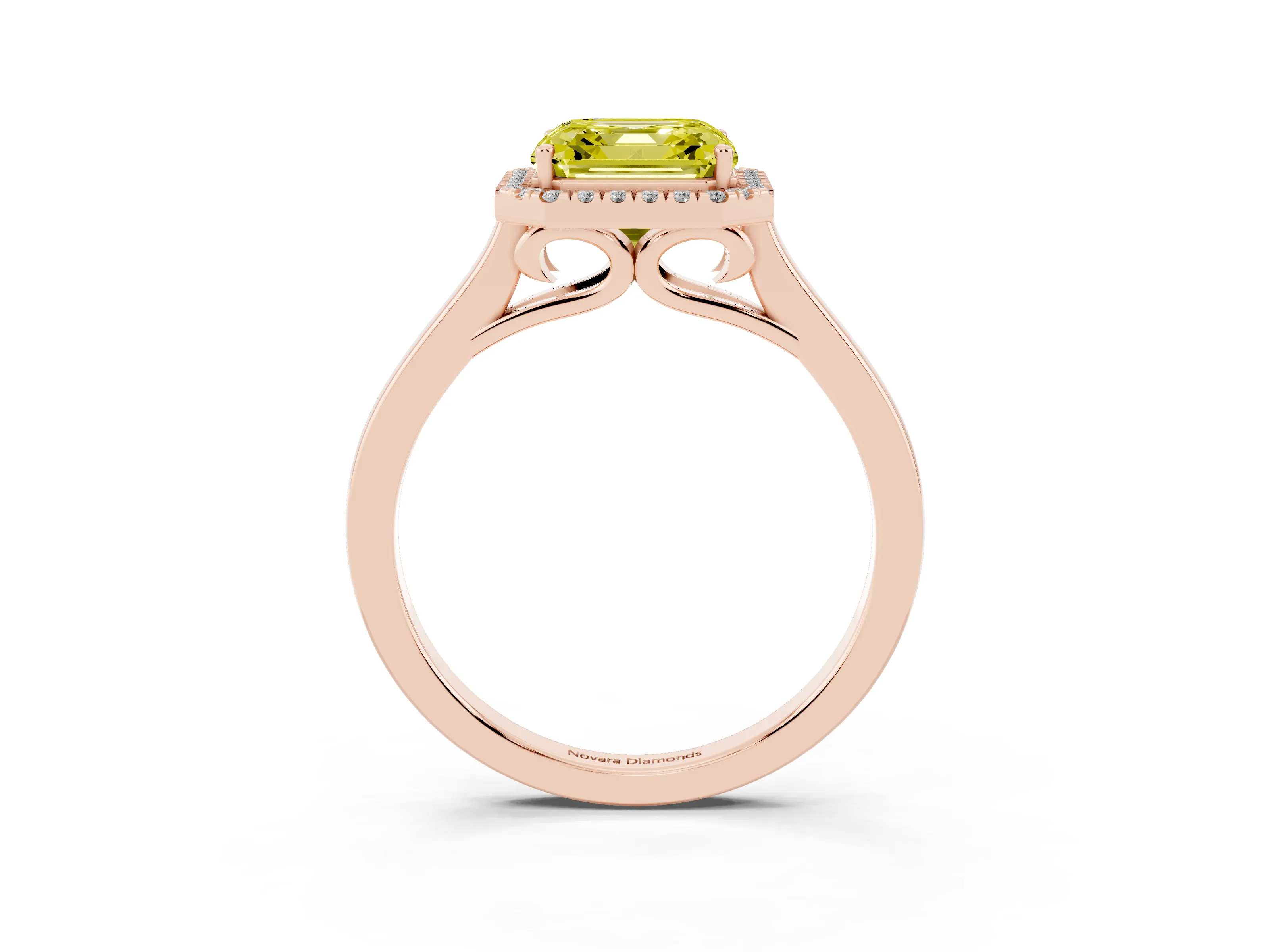 Fancy Yellow Asscher Cut Halo Round Diamond Solitaire Ring Set in Rose gold with Pavé Band and Prong Setting