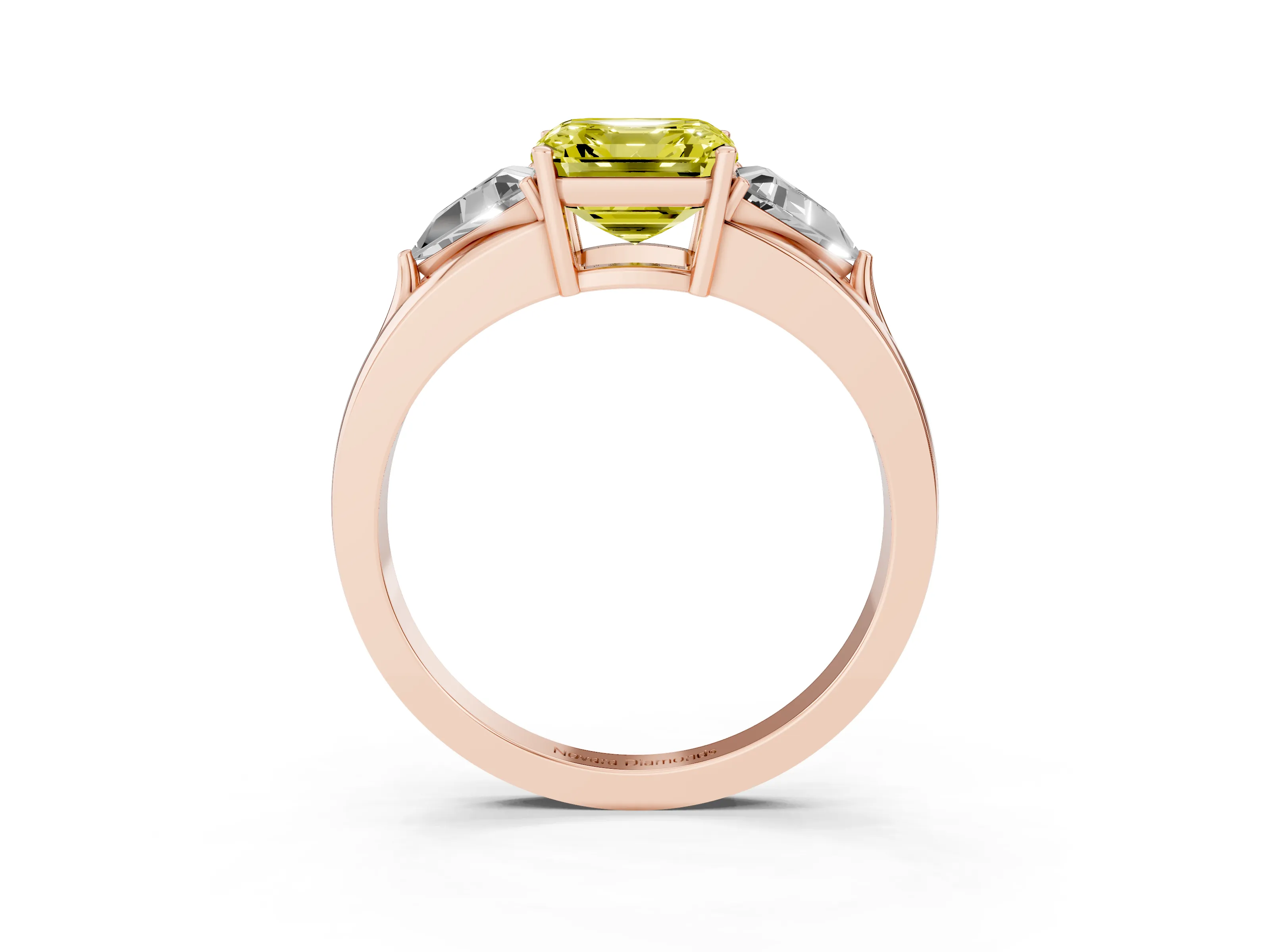 Fancy Yellow Asscher Cut Diamond Three-Stone Ring Set in Rose gold with Trillion Side Stones and Split Shank