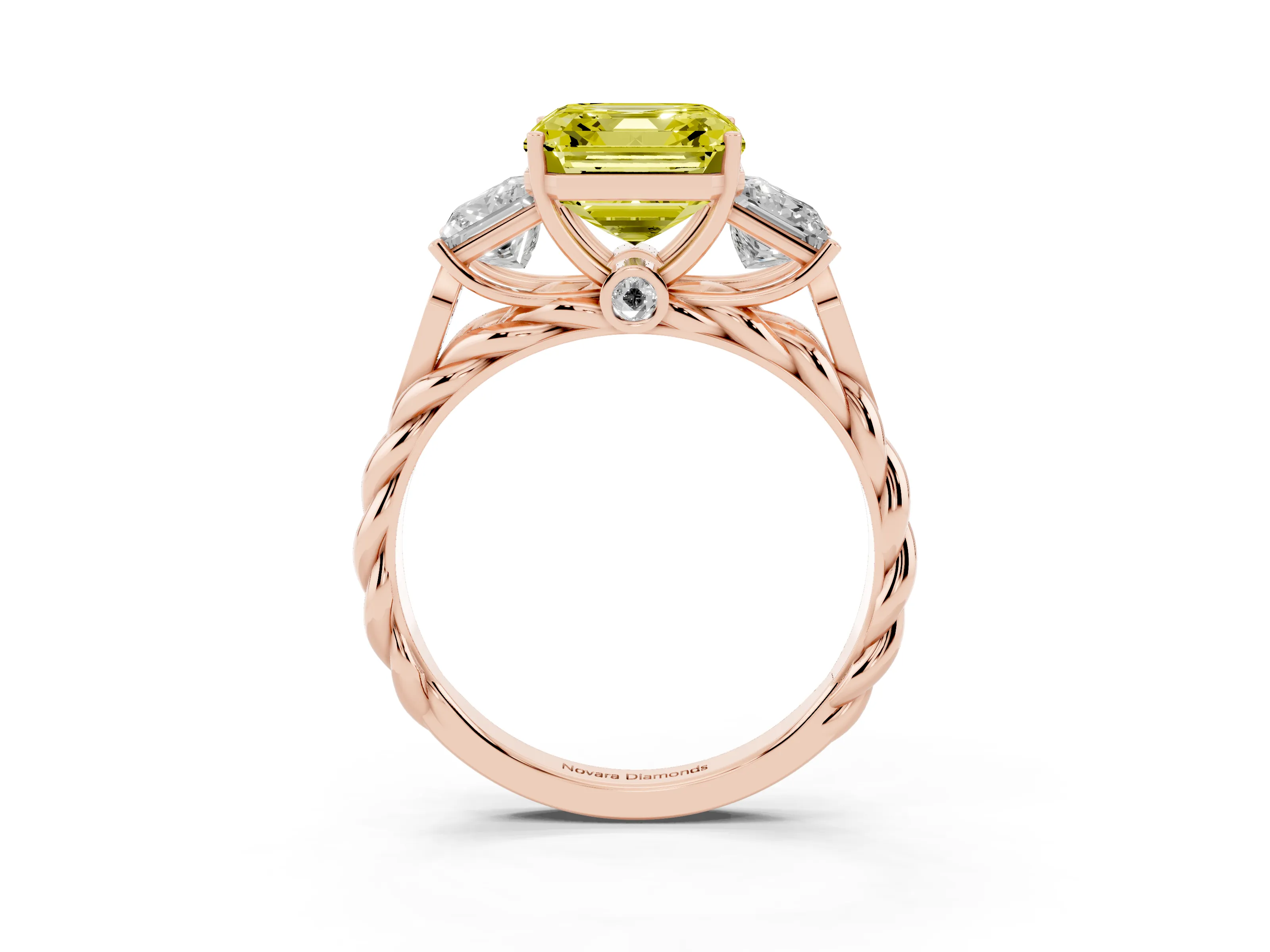 Fancy Yellow Asscher Cut Diamond Three-Stone Ring Set in Rose gold with Braided Band