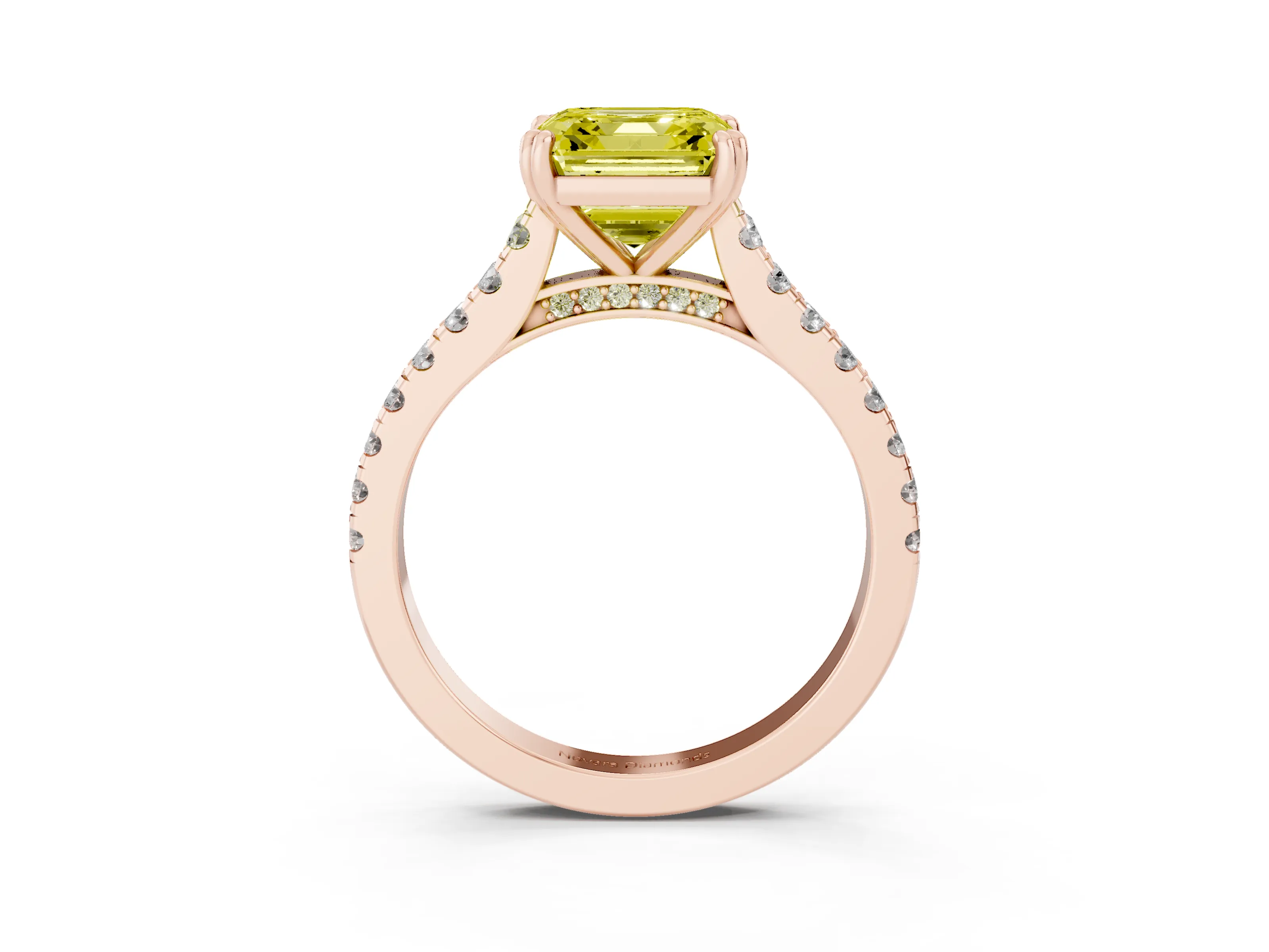 Fancy Yellow Asscher Cut Diamond Solitaire Engagement Ring Set in Rose gold with Pavé Accents and Prong Setting