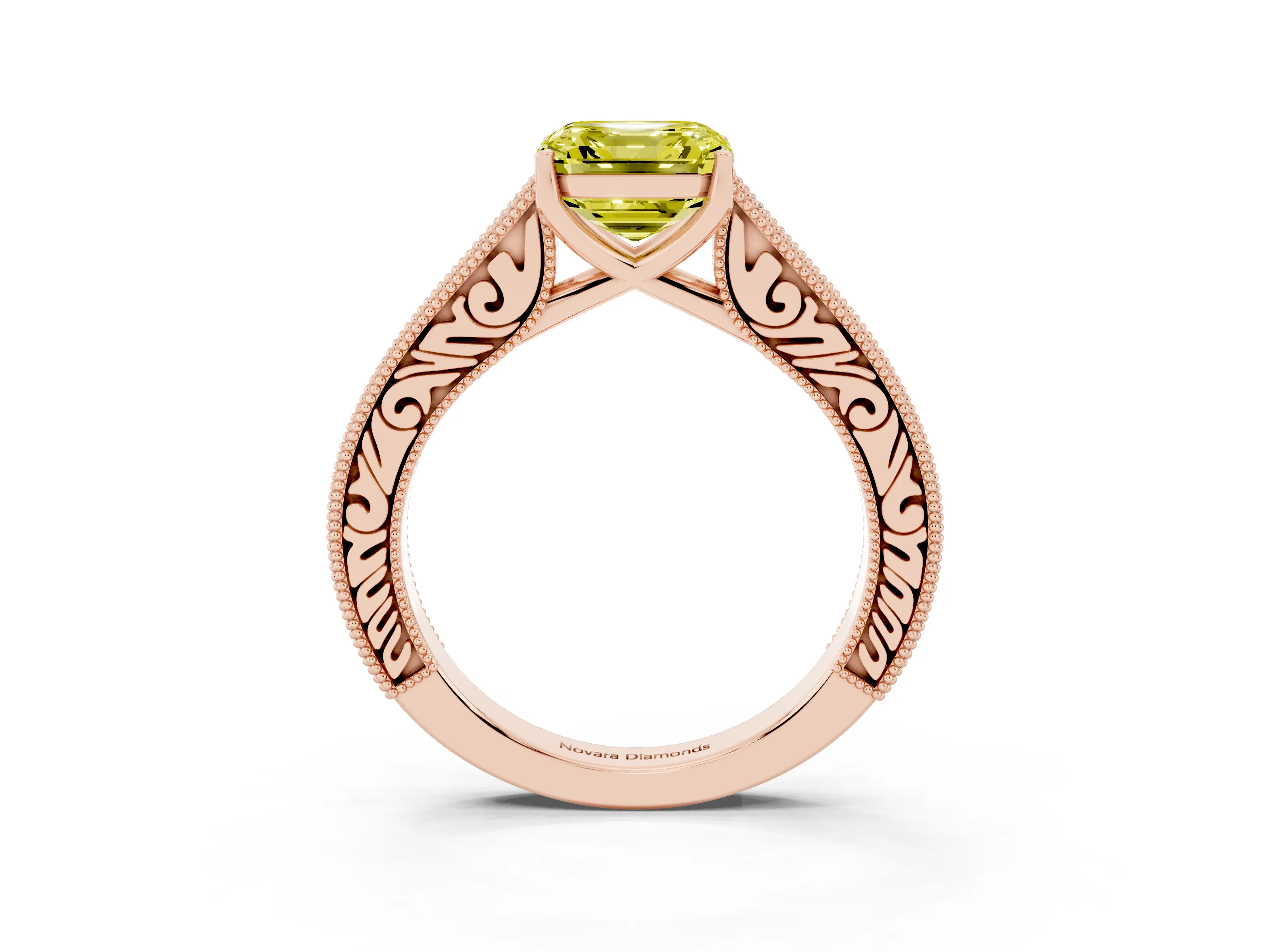 Fancy Yellow Asscher Cut Diamond Milgrain Pavé Band Solitaire Ring Set in Rose gold with Prong Setting